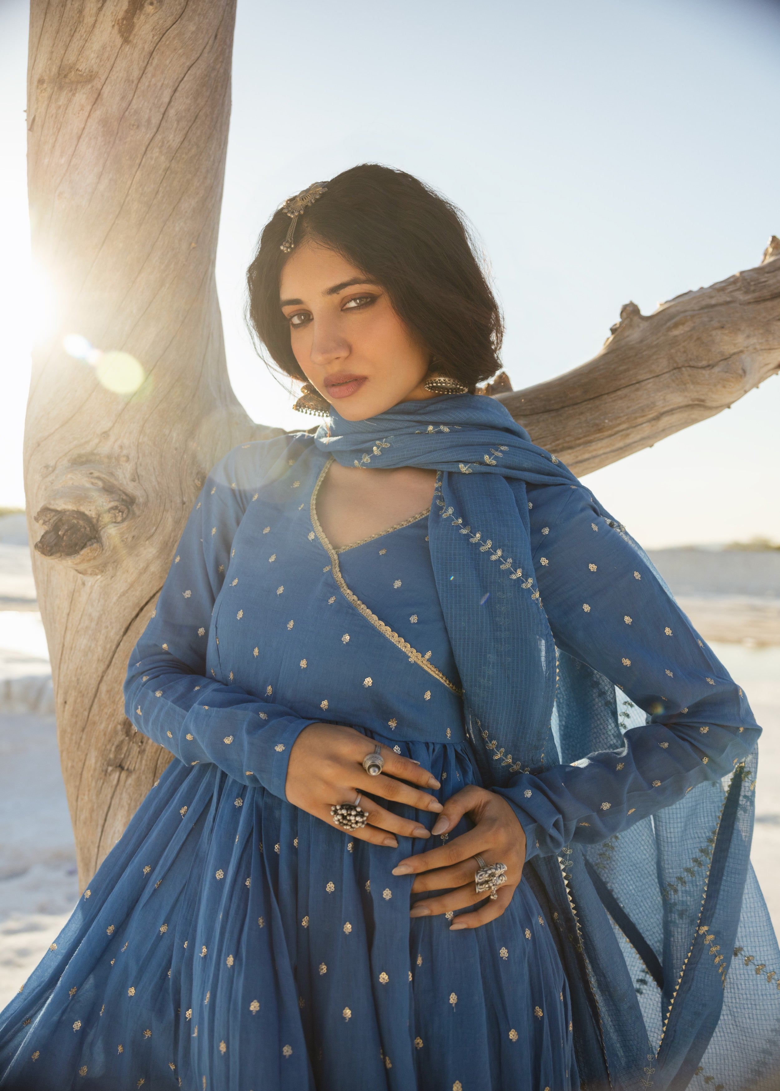 Slate Blue Embellished Mul Cotton Anarkali Set