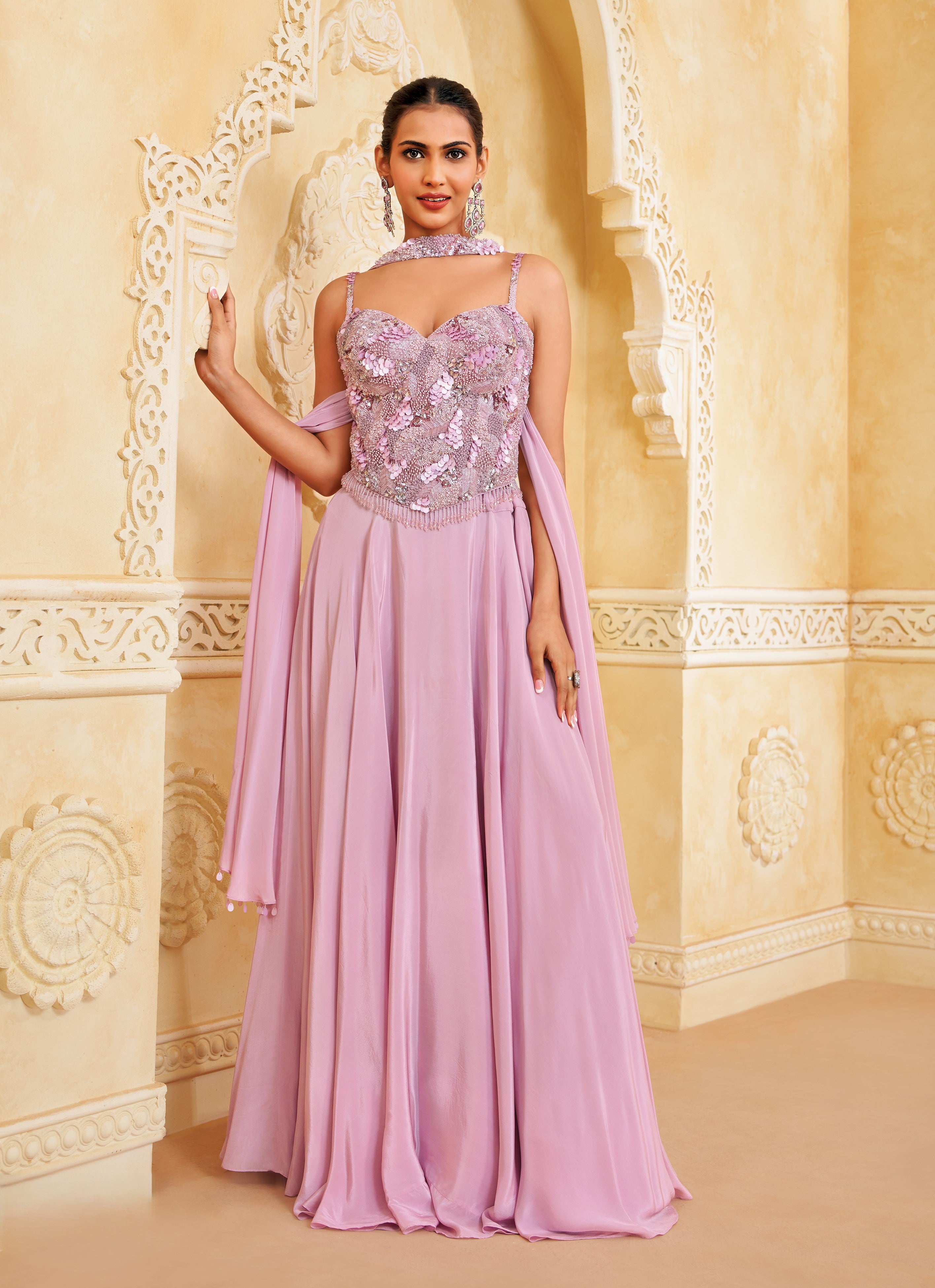 Periwinkle Purple Embellished Crepe Silk Skirt Set