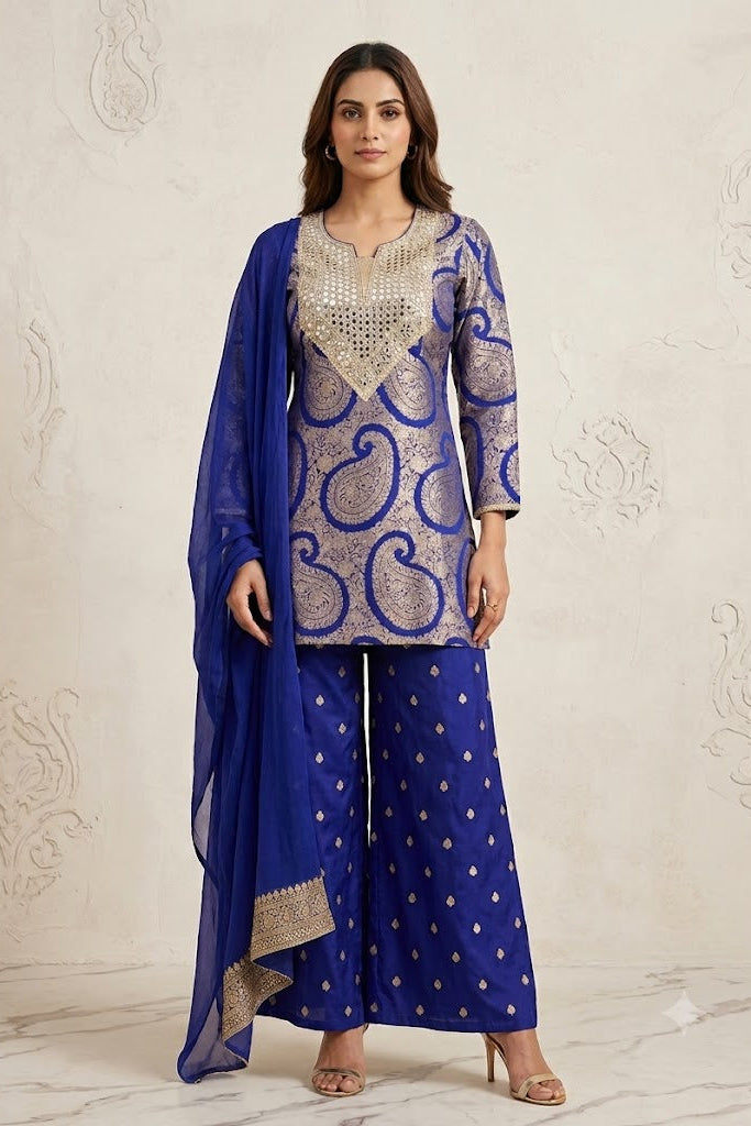 Royal Blue Embellished Brocade Silk Palazzo Set