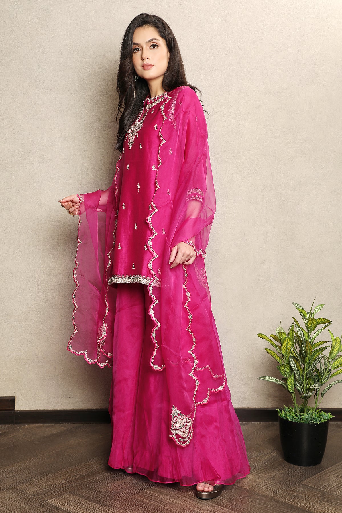 Rani Pink Embellished Chanderi Silk Palazzo Set