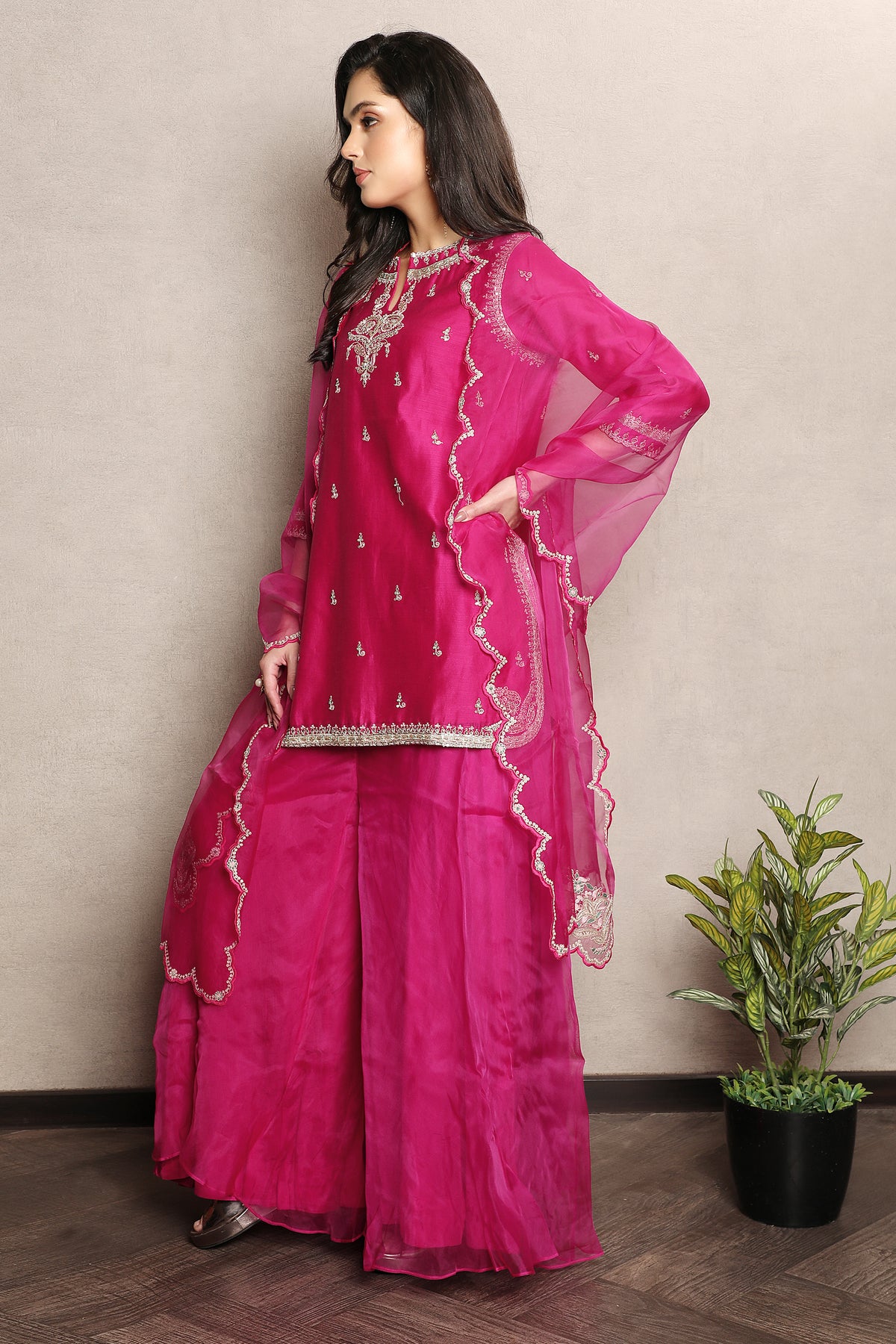 Rani Pink Embellished Chanderi Silk Palazzo Set