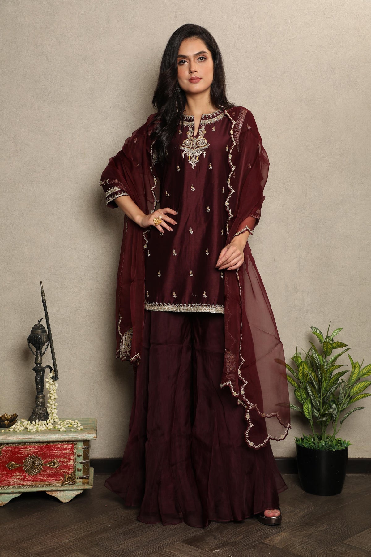 Deep Wine Embellished Chanderi Silk Palazzo Set