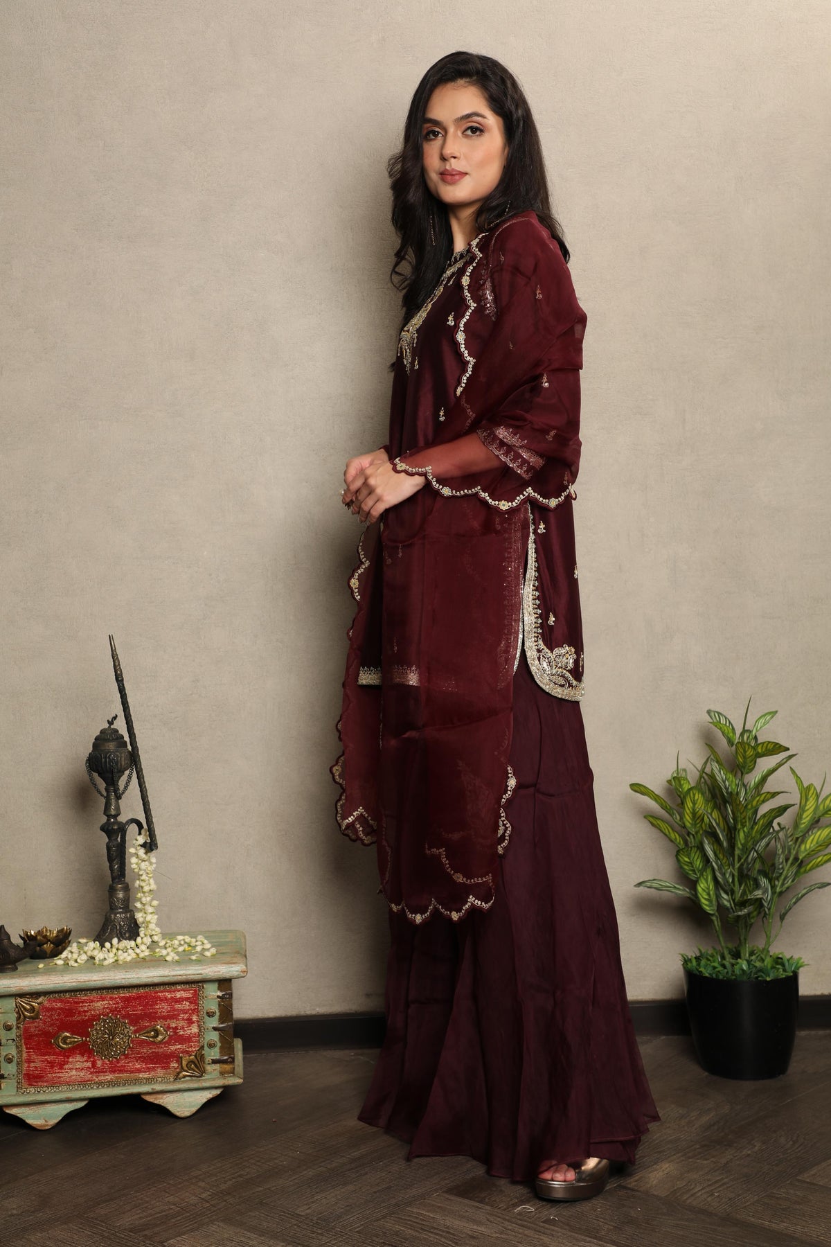 Deep Wine Embellished Chanderi Silk Palazzo Set