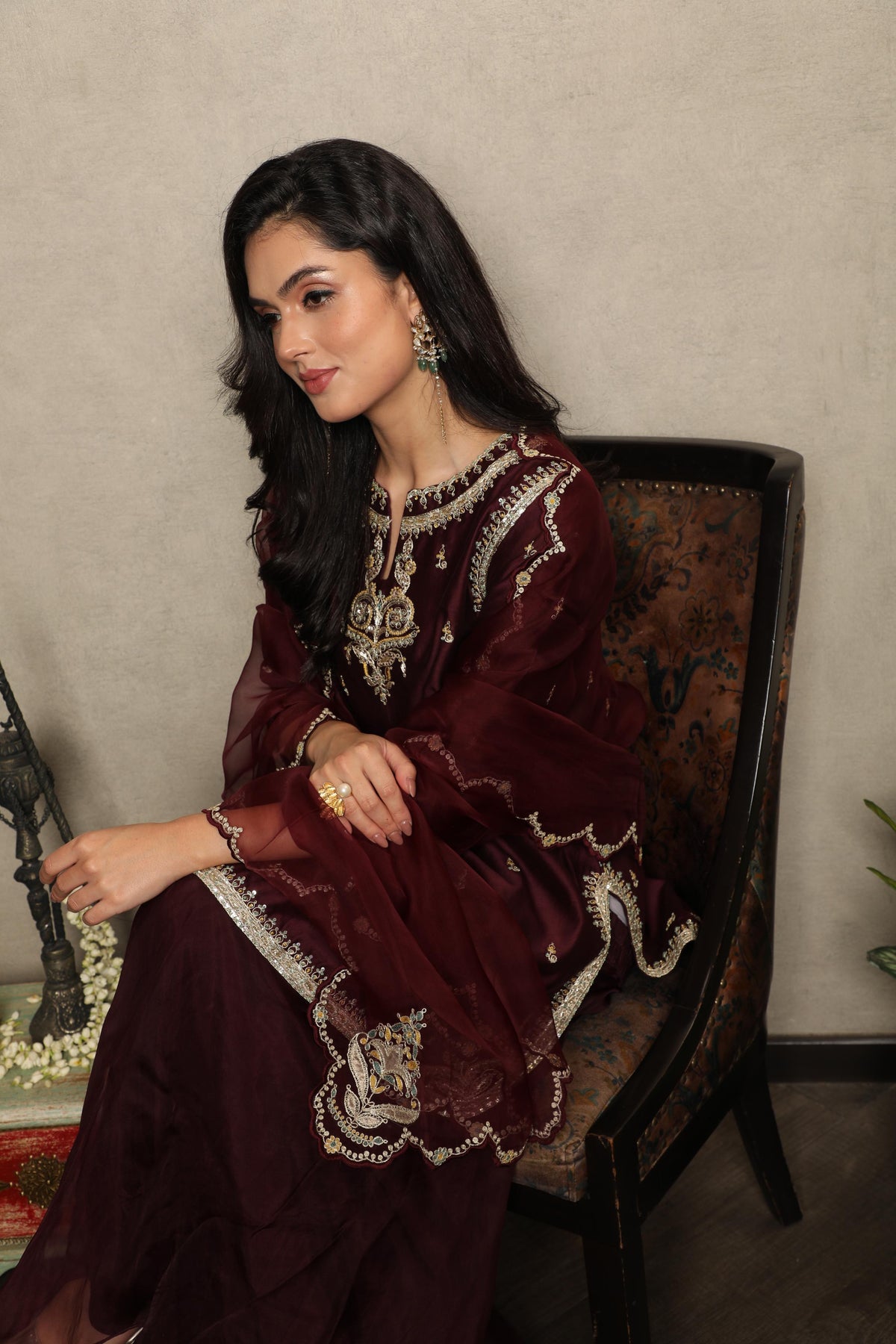 Deep Wine Embellished Chanderi Silk Palazzo Set