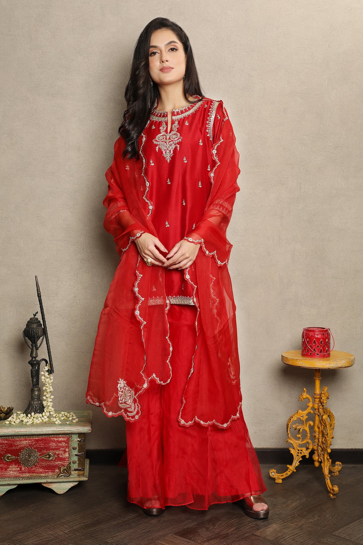 Bright Red Embellished Chanderi Silk Palazzo Set