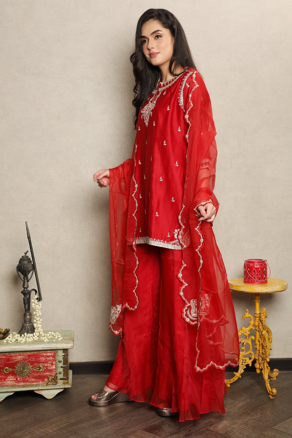 Bright Red Embellished Chanderi Silk Palazzo Set
