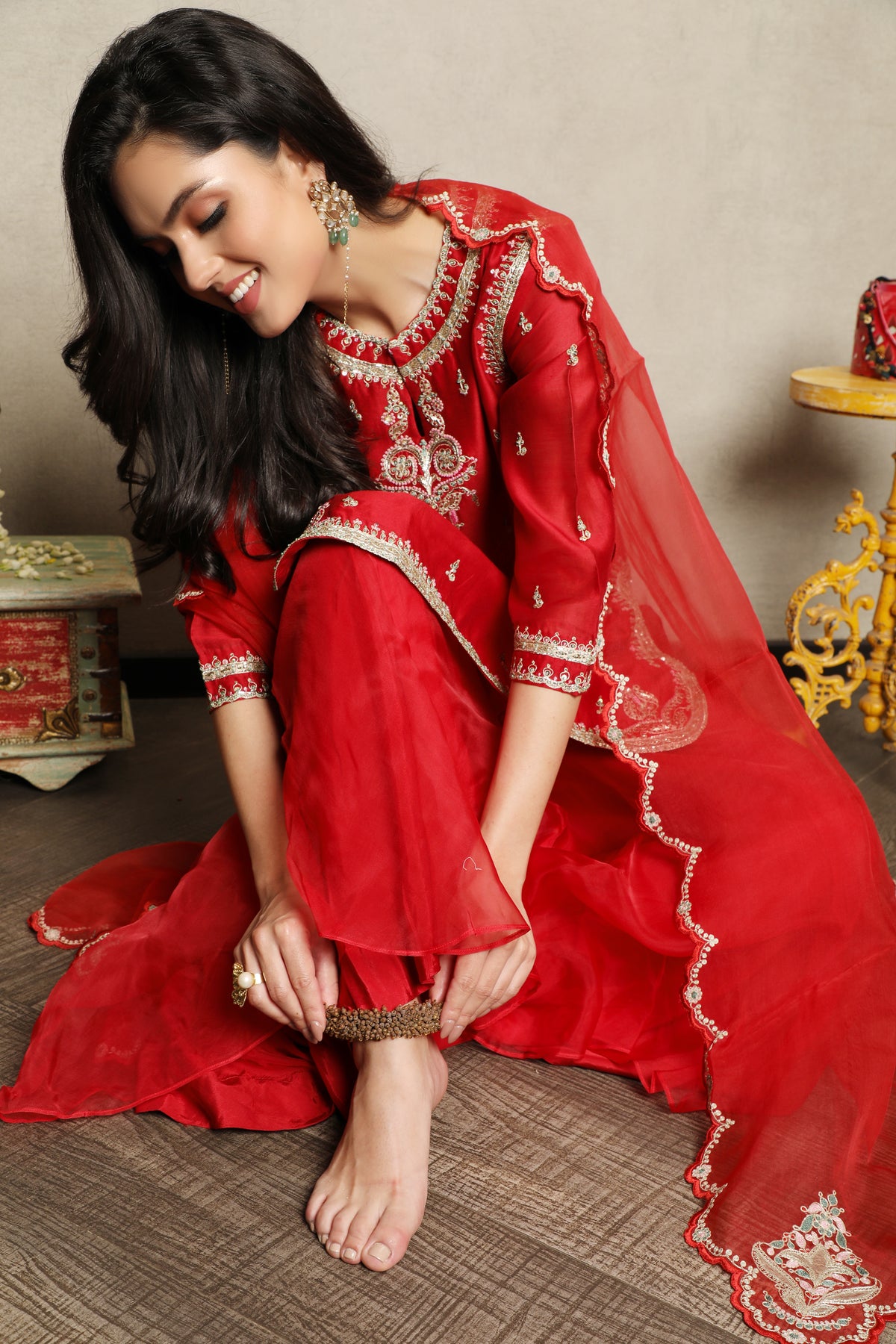 Bright Red Embellished Chanderi Silk Palazzo Set