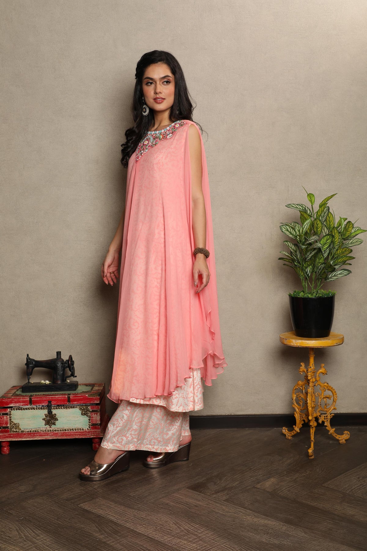 Blush Pink Embellished Chiffon Silk Kurta Set