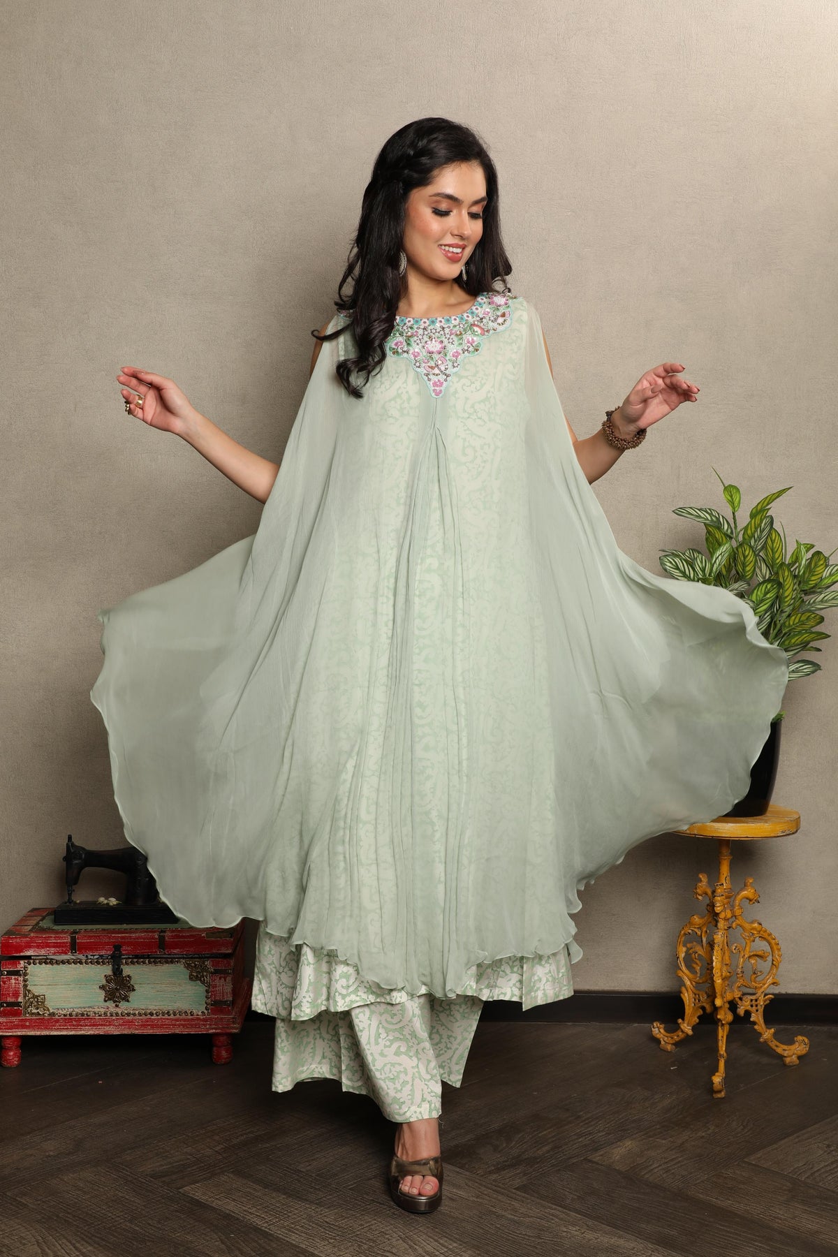 Muted Sage Embellished Chiffon Silk Kurta Set