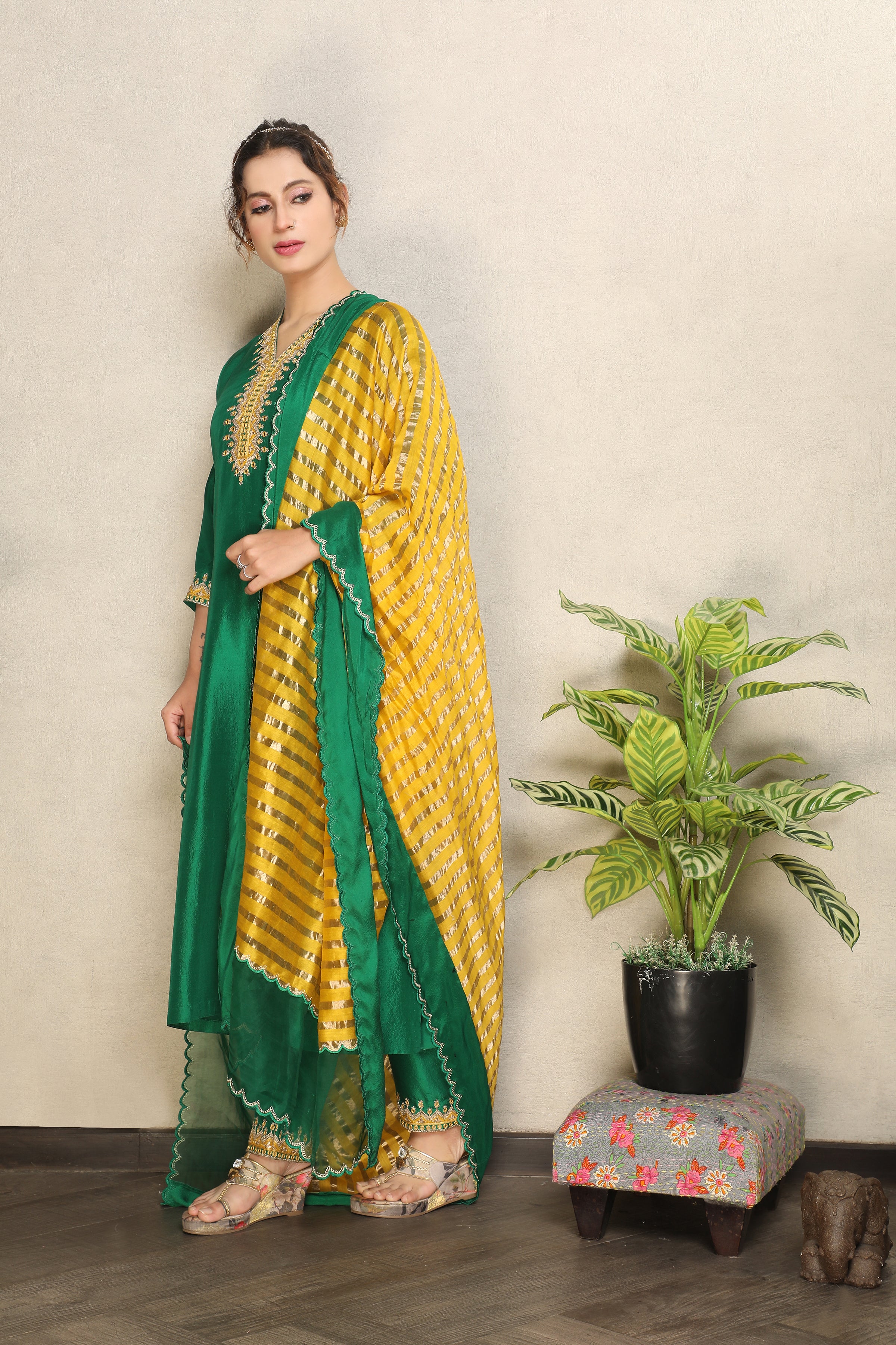 Regal Green Embellished Premium Silk Pant Set