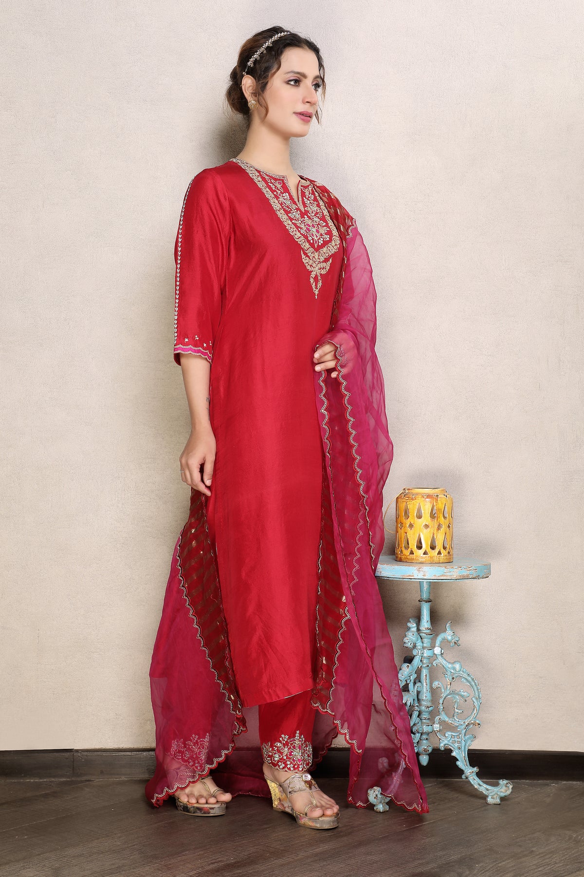 Regal Red Embellished Premium Dupion Silk Pant Set