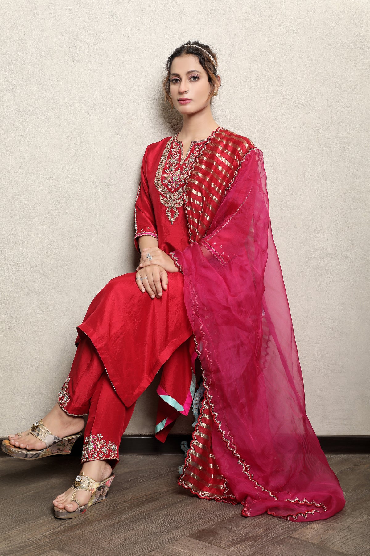 Regal Red Embellished Premium Dupion Silk Pant Set