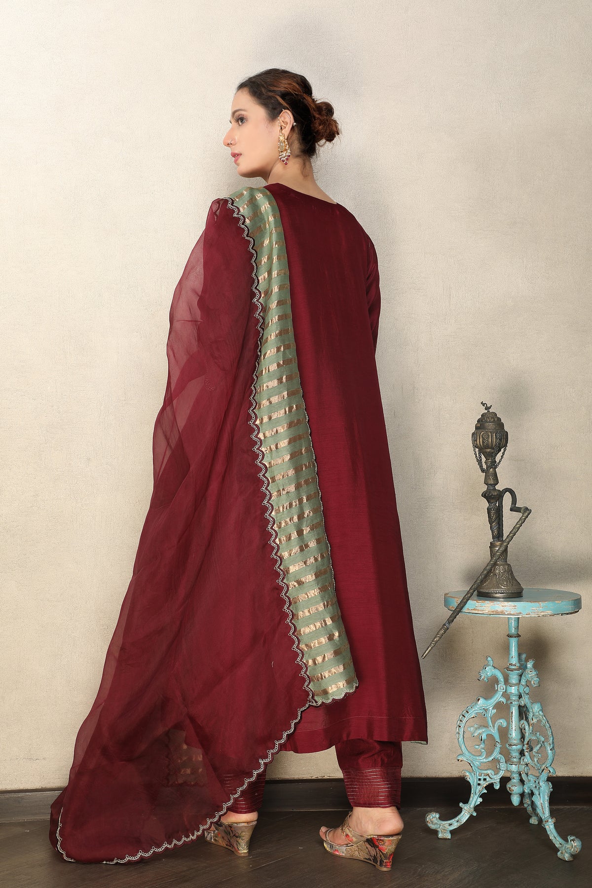 Deep Burgundy Embellished Premium Silk Anarkali Set