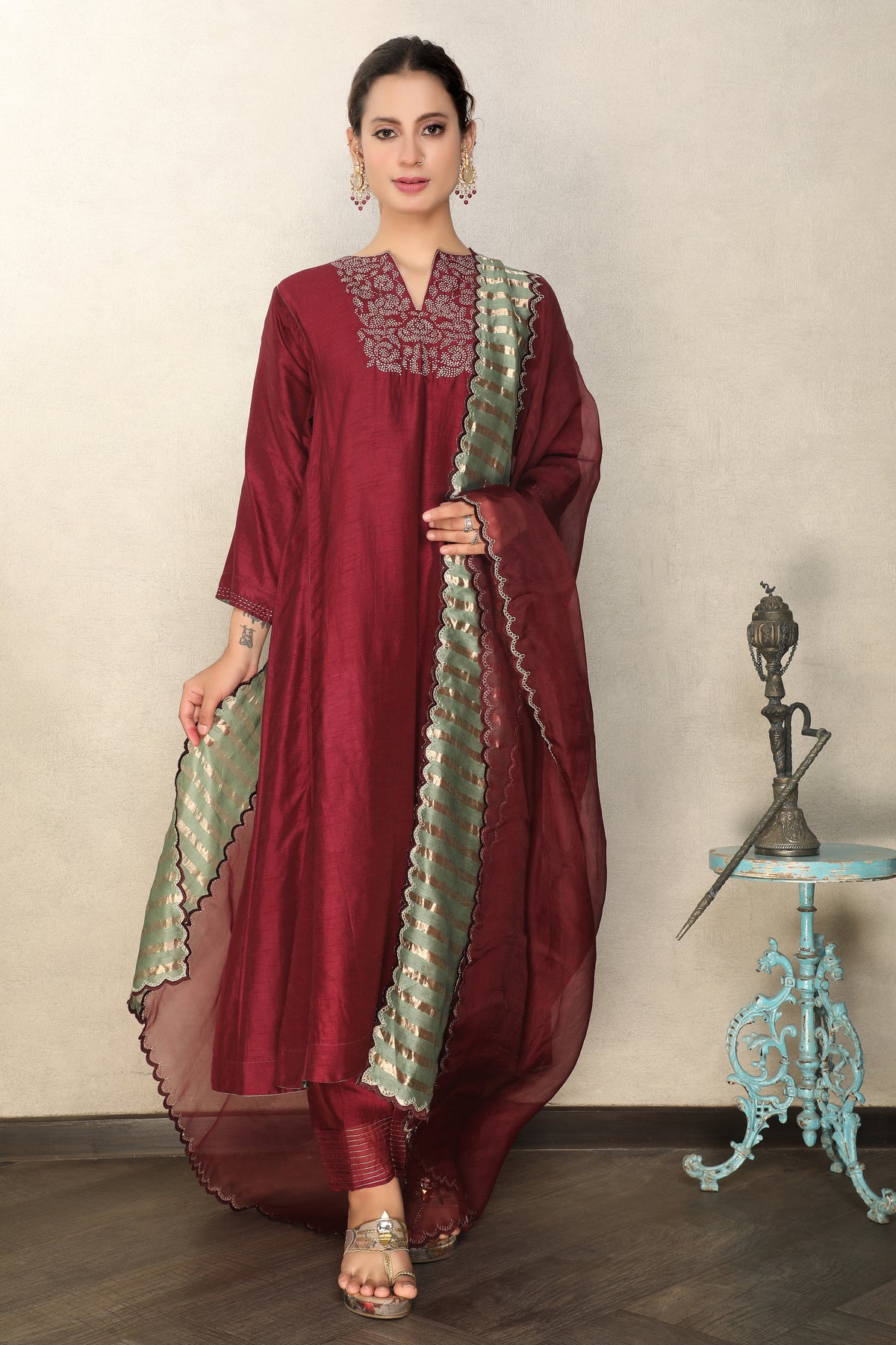 Deep Burgundy Embellished Premium Silk Anarkali Set
