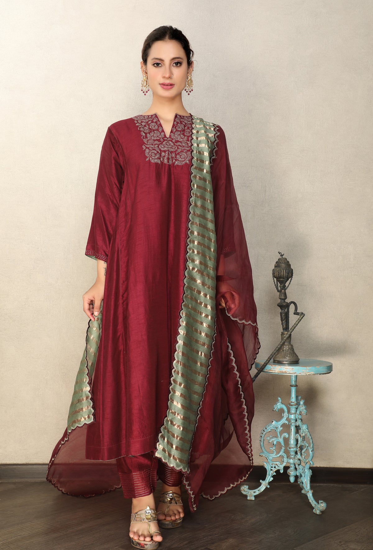 Deep Burgundy Embellished Premium Silk Anarkali Set