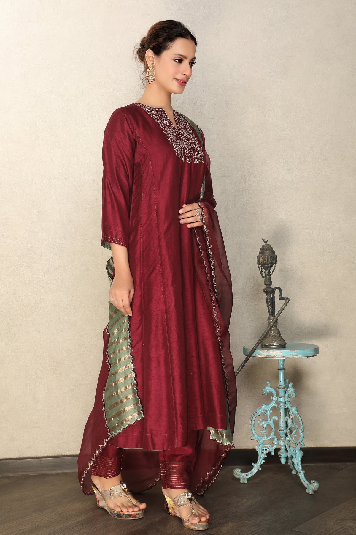 Deep Burgundy Embellished Premium Silk Anarkali Set