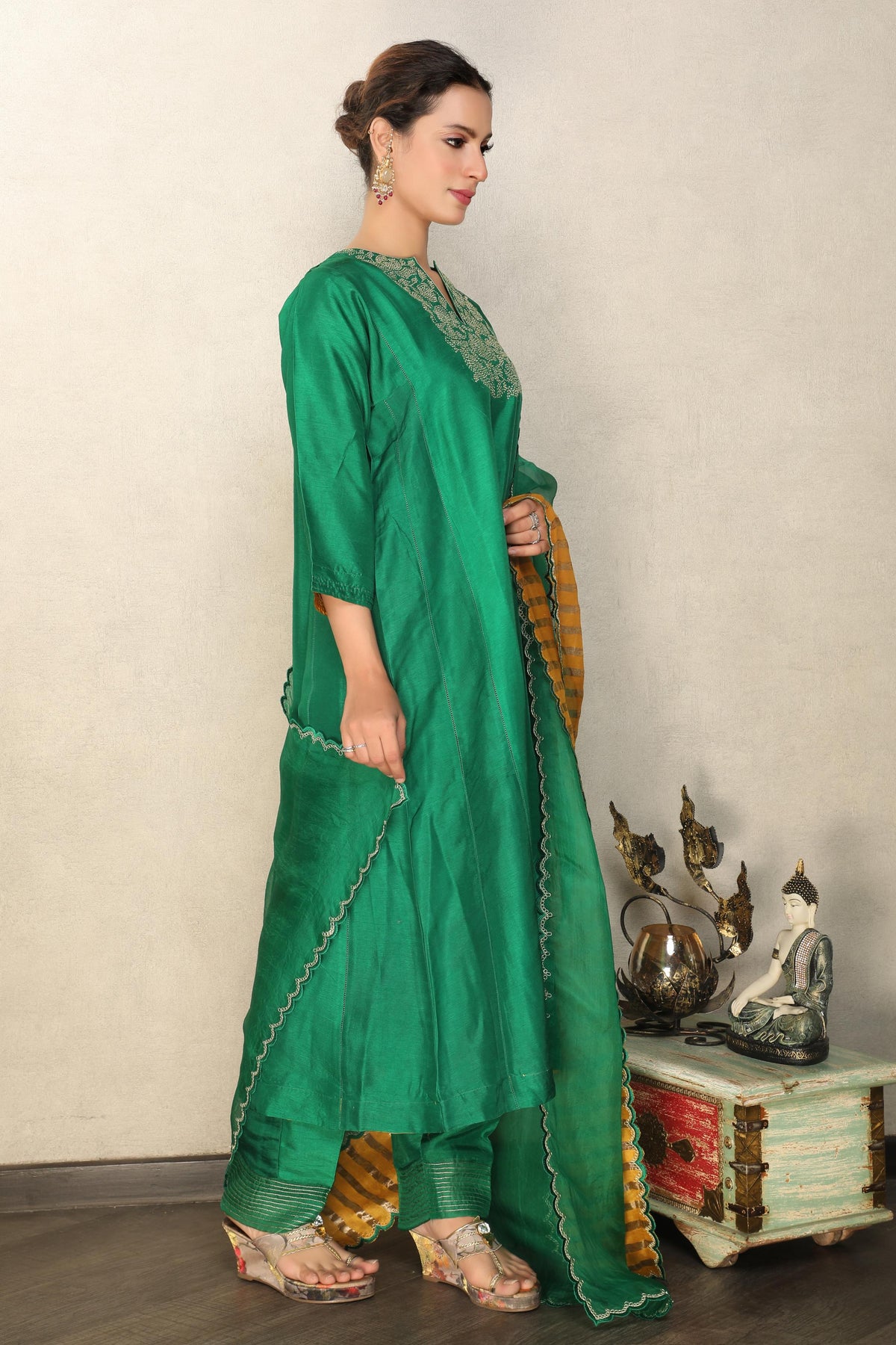Jade Green Embellished Premium Silk Anarkali Set