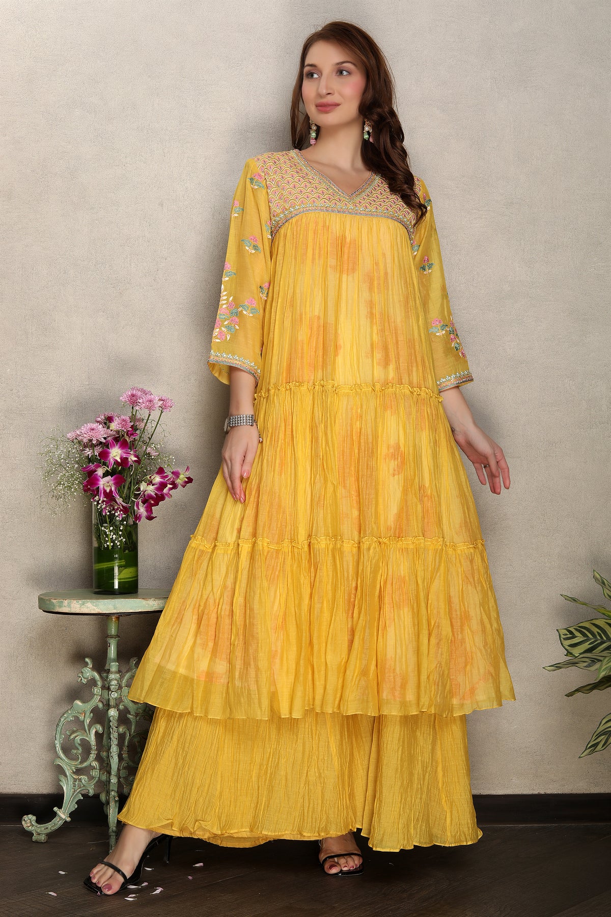 Bright Yellow Embroidered Chanderi Silk Anarkali Set