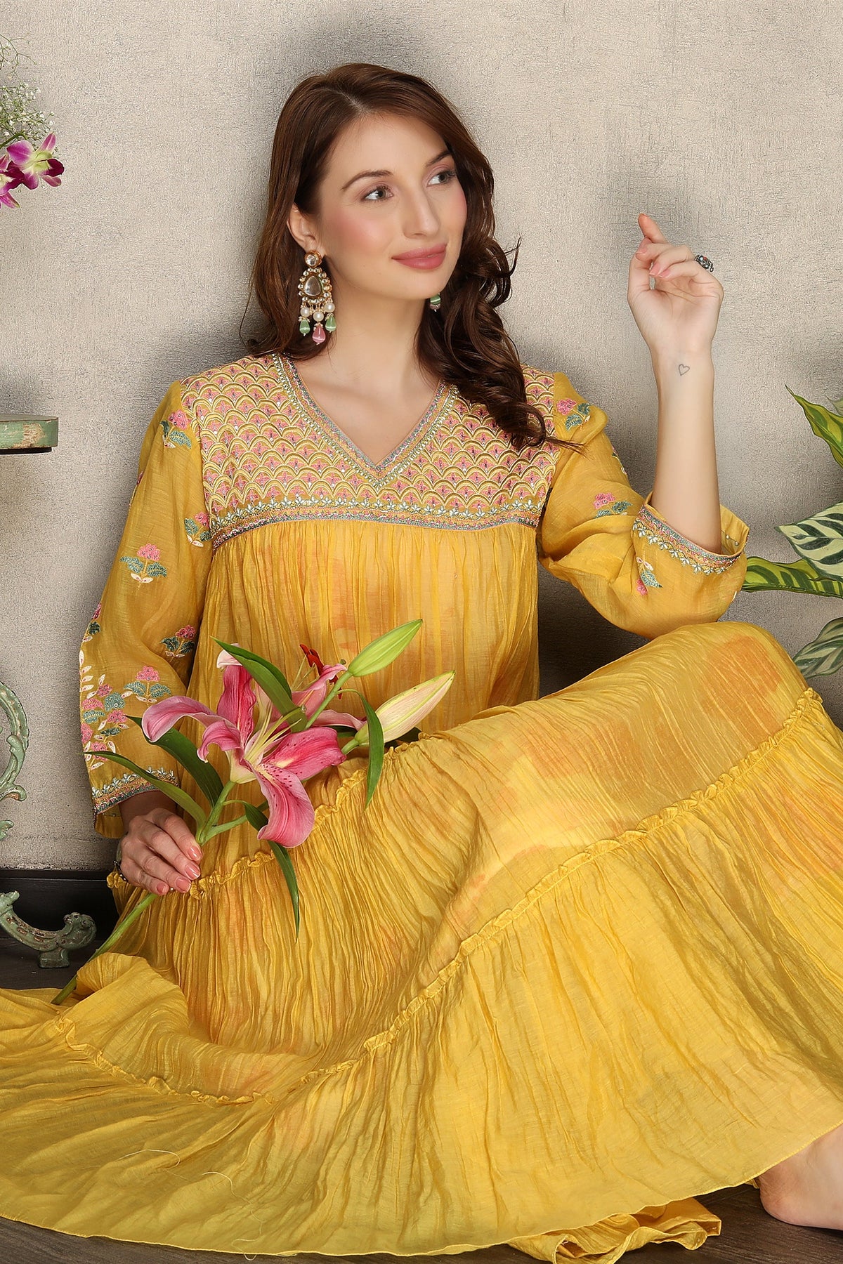 Bright Yellow Embroidered Chanderi Silk Anarkali Set