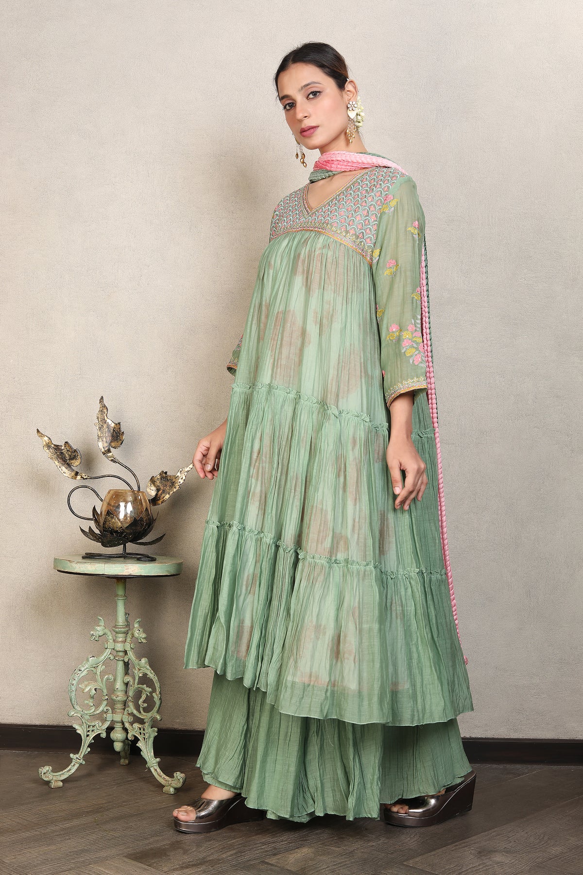 Green Sage Embroidered Chanderi Silk Anarkali Set
