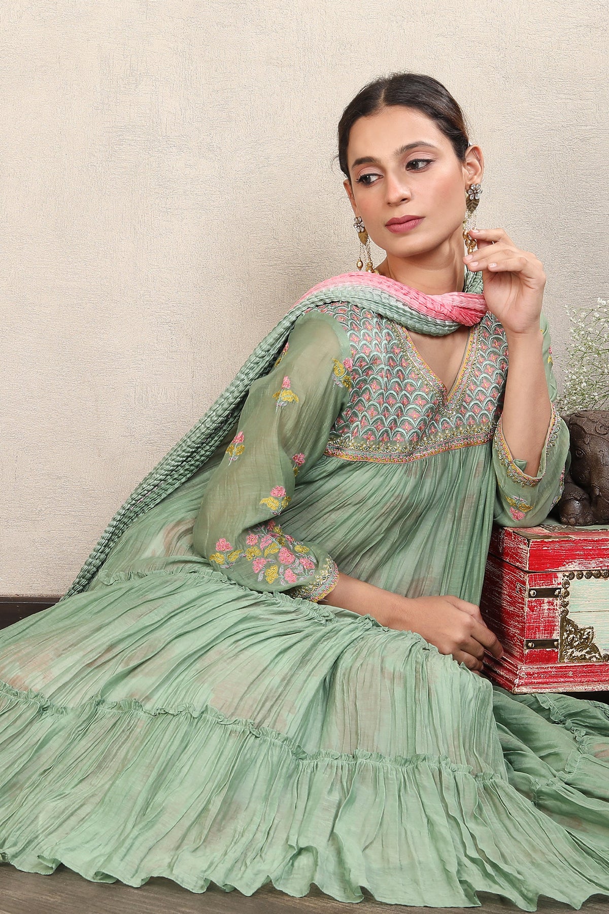 Green Sage Embroidered Chanderi Silk Anarkali Set