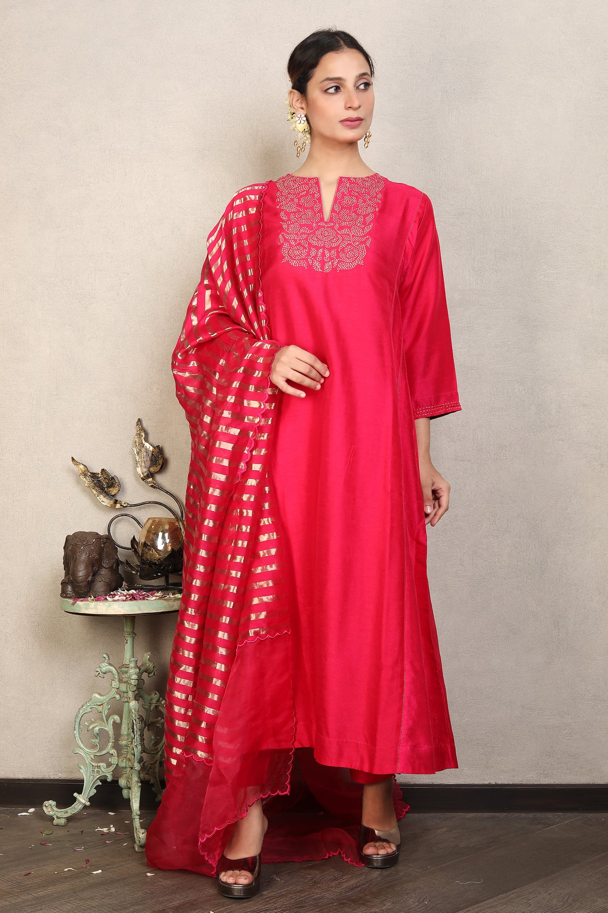 Bright Fuchsia Embellished Premium Silk Anarkali Set