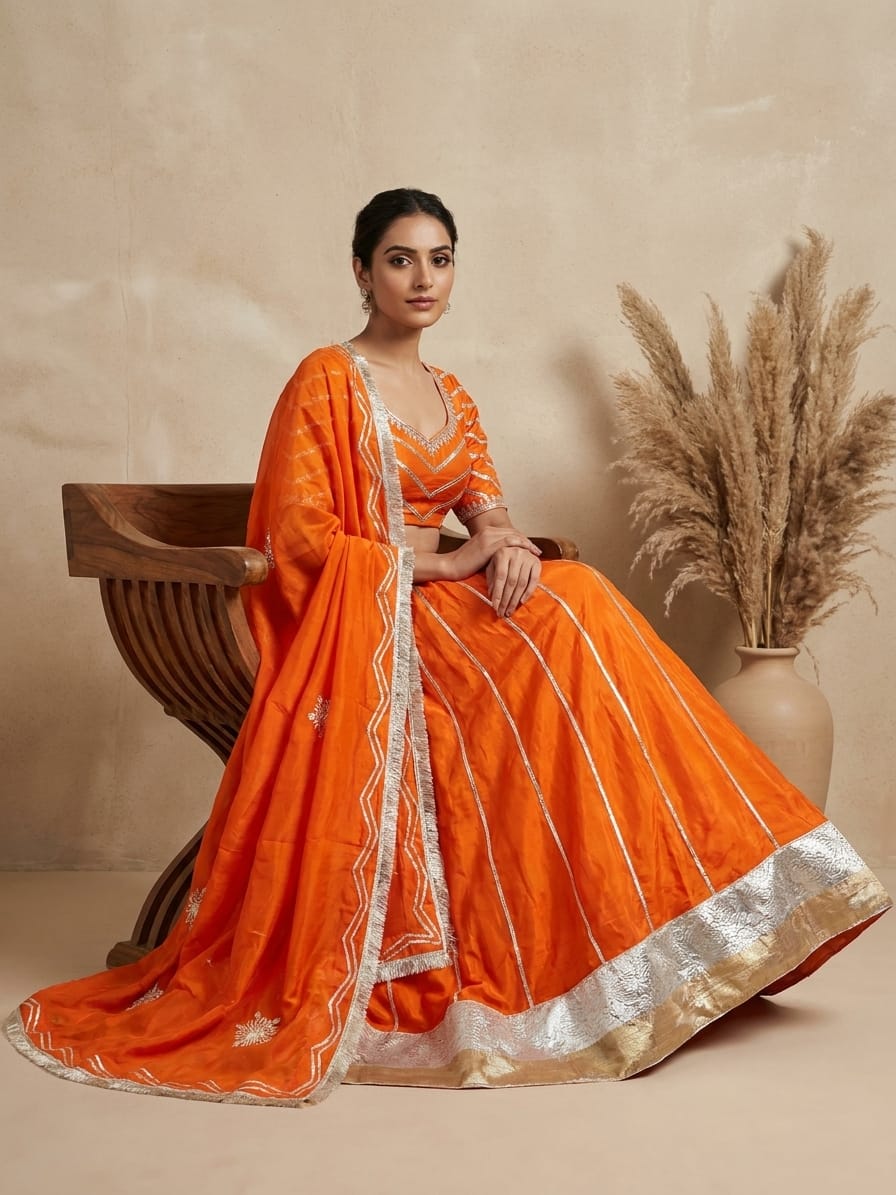 Mandarin Embroidered Satin Silk Lehenga Set