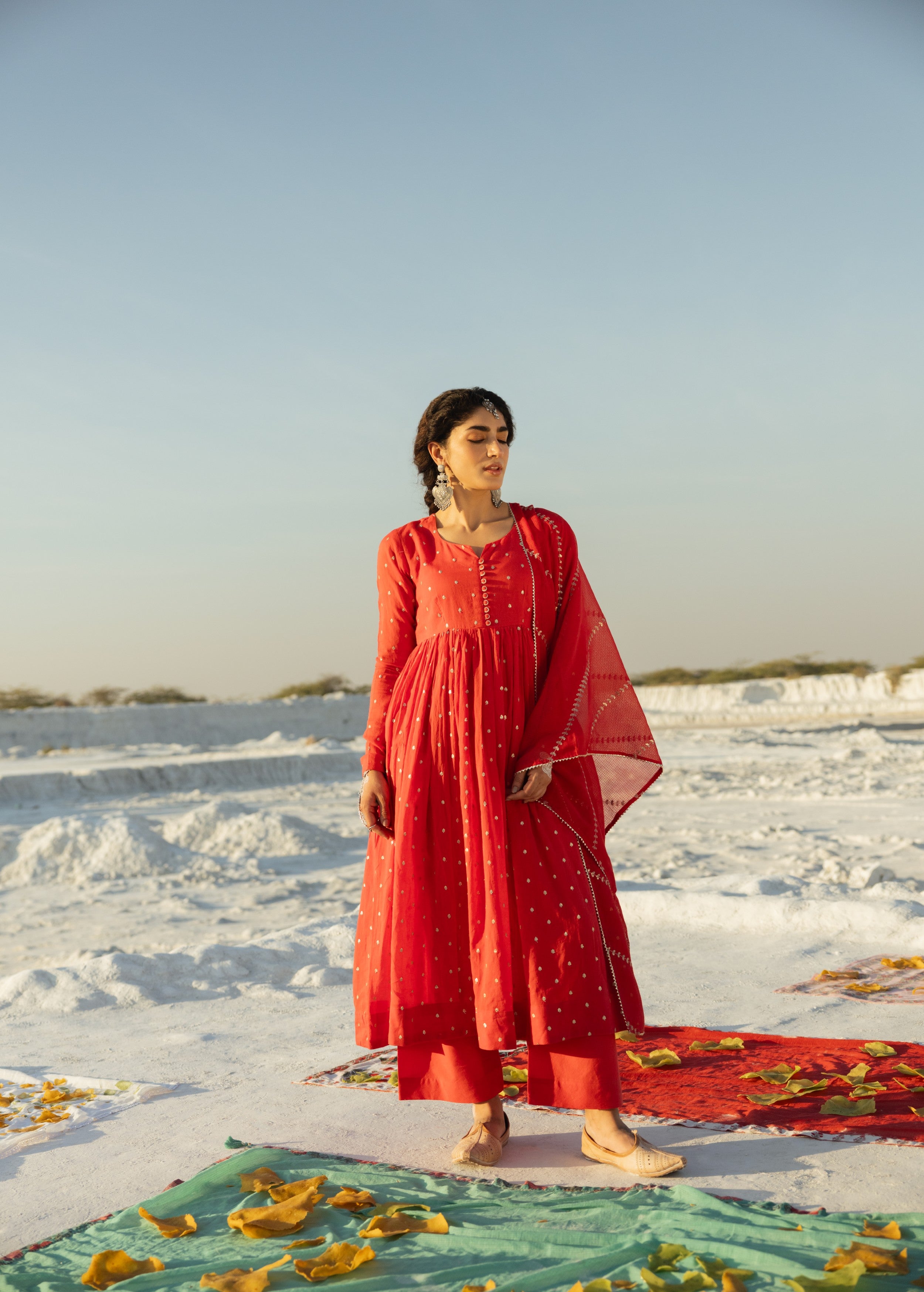 Bright Red Embellished Mul Cotton Anarkali Set
