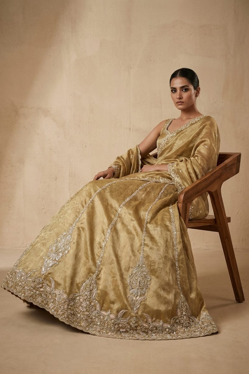 Amber Gold Embellished Tissue Silk Lehenga Set