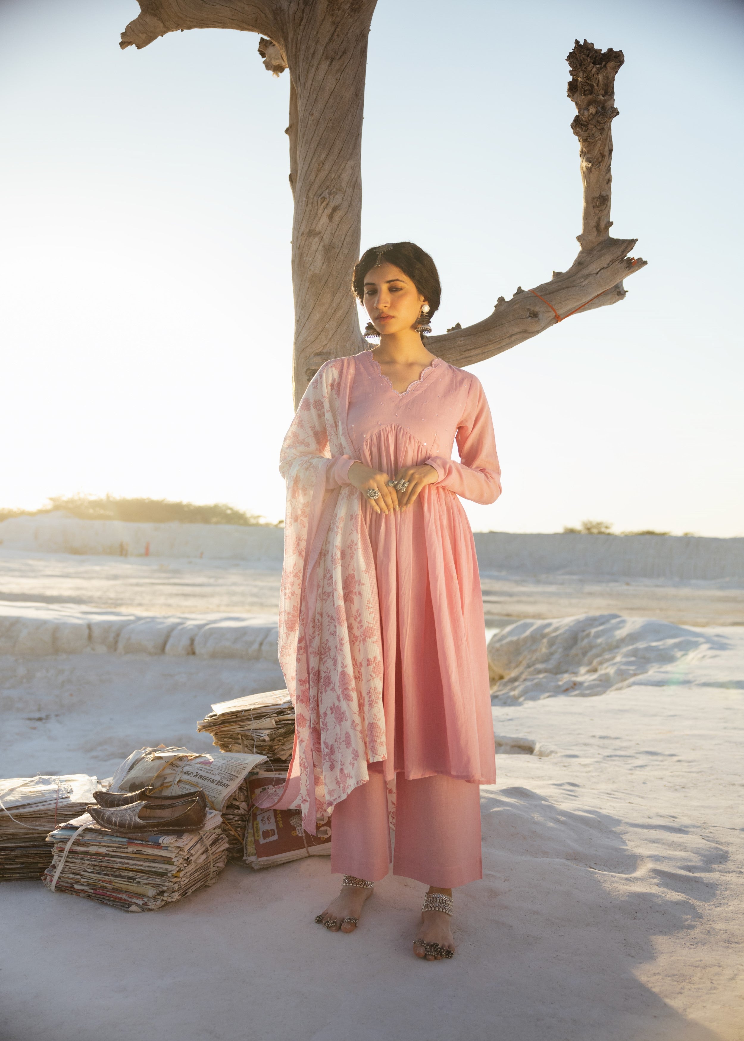 Blush Pink Embellished Mul Cotton Anarkali Set