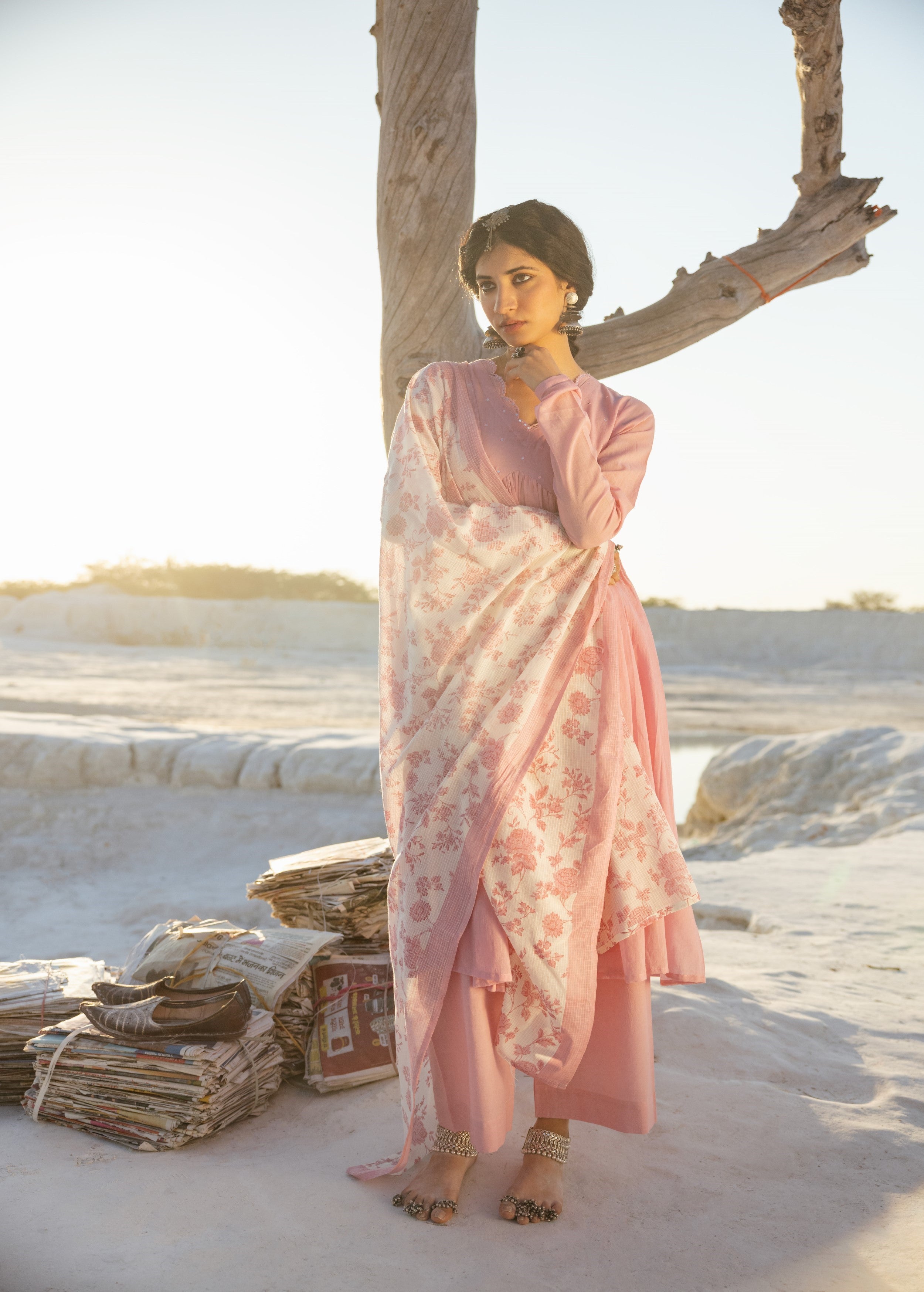 Light Pink Embellished Kota Doria Pant Set