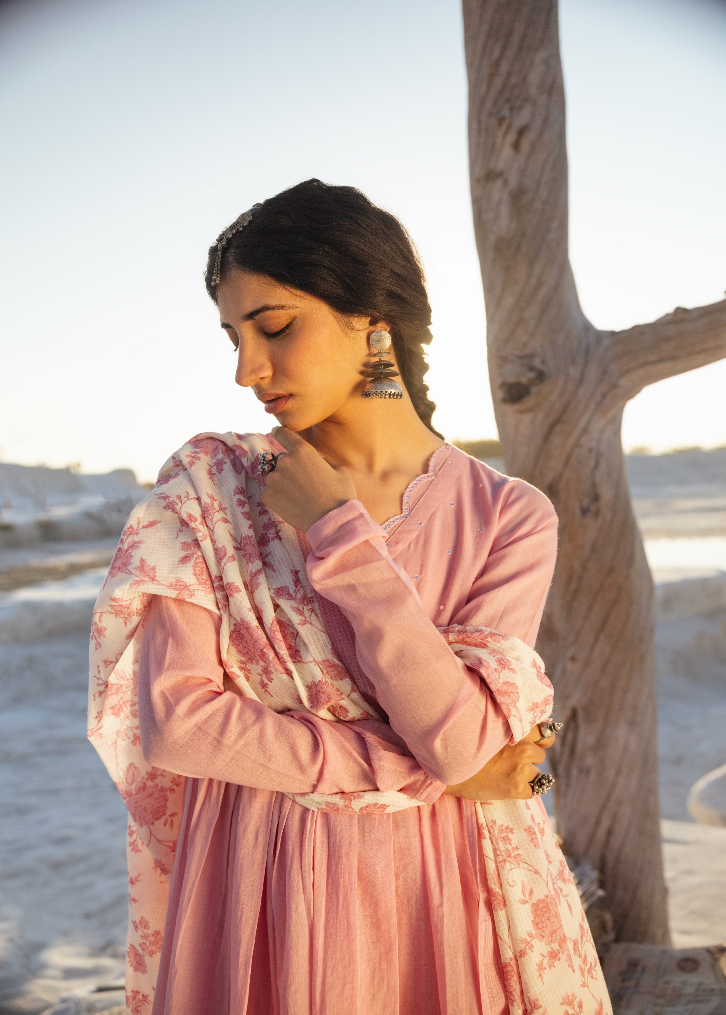 Light Pink Embellished Kota Doria Pant Set