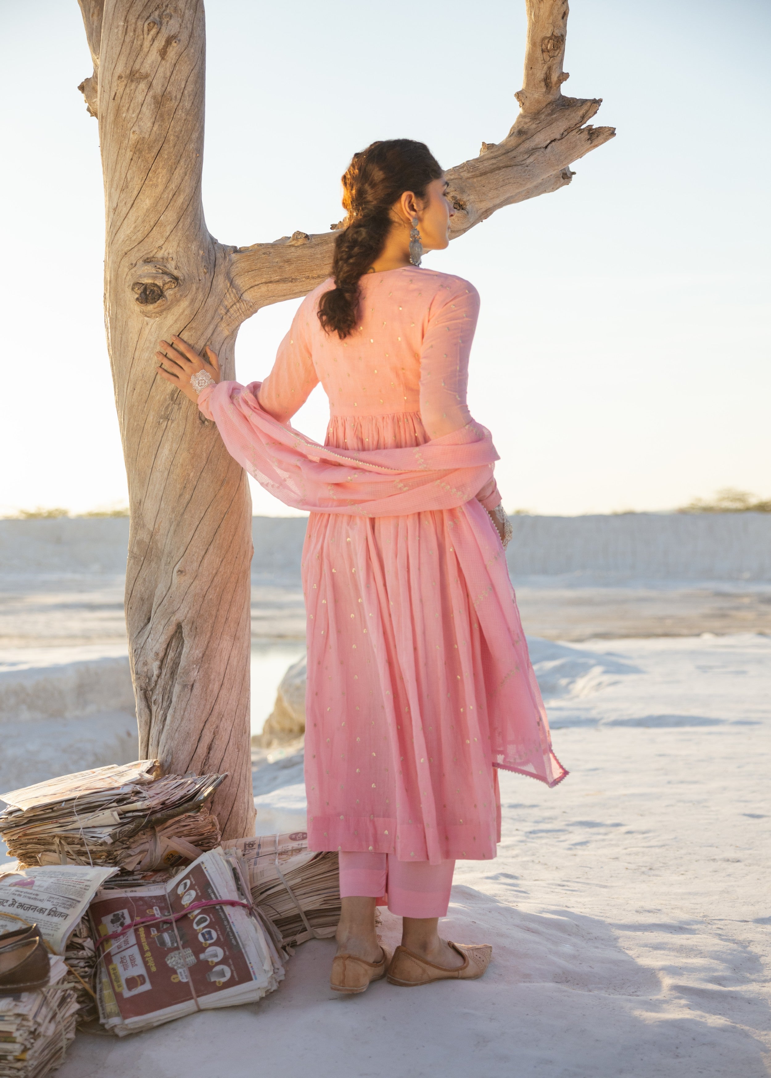 Rose Pink Embellished Mul Cotton Anarkali Set