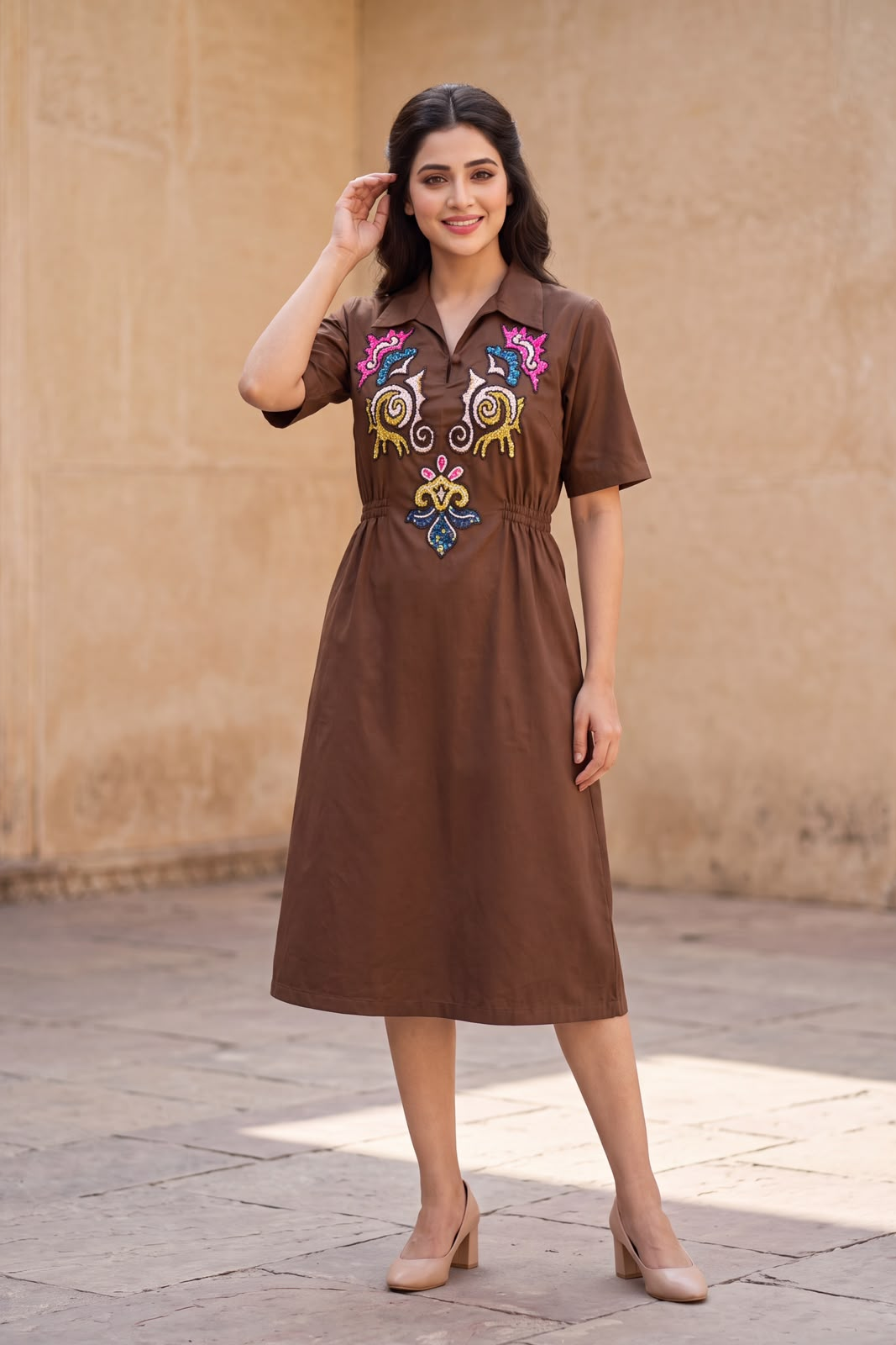 Coffee Brown Embroidered Cotton Midi Dress