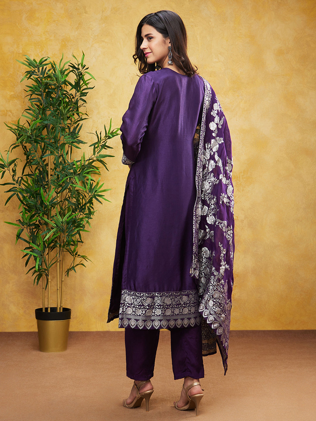 Purple Embroidered Brocade Silk Pants Set