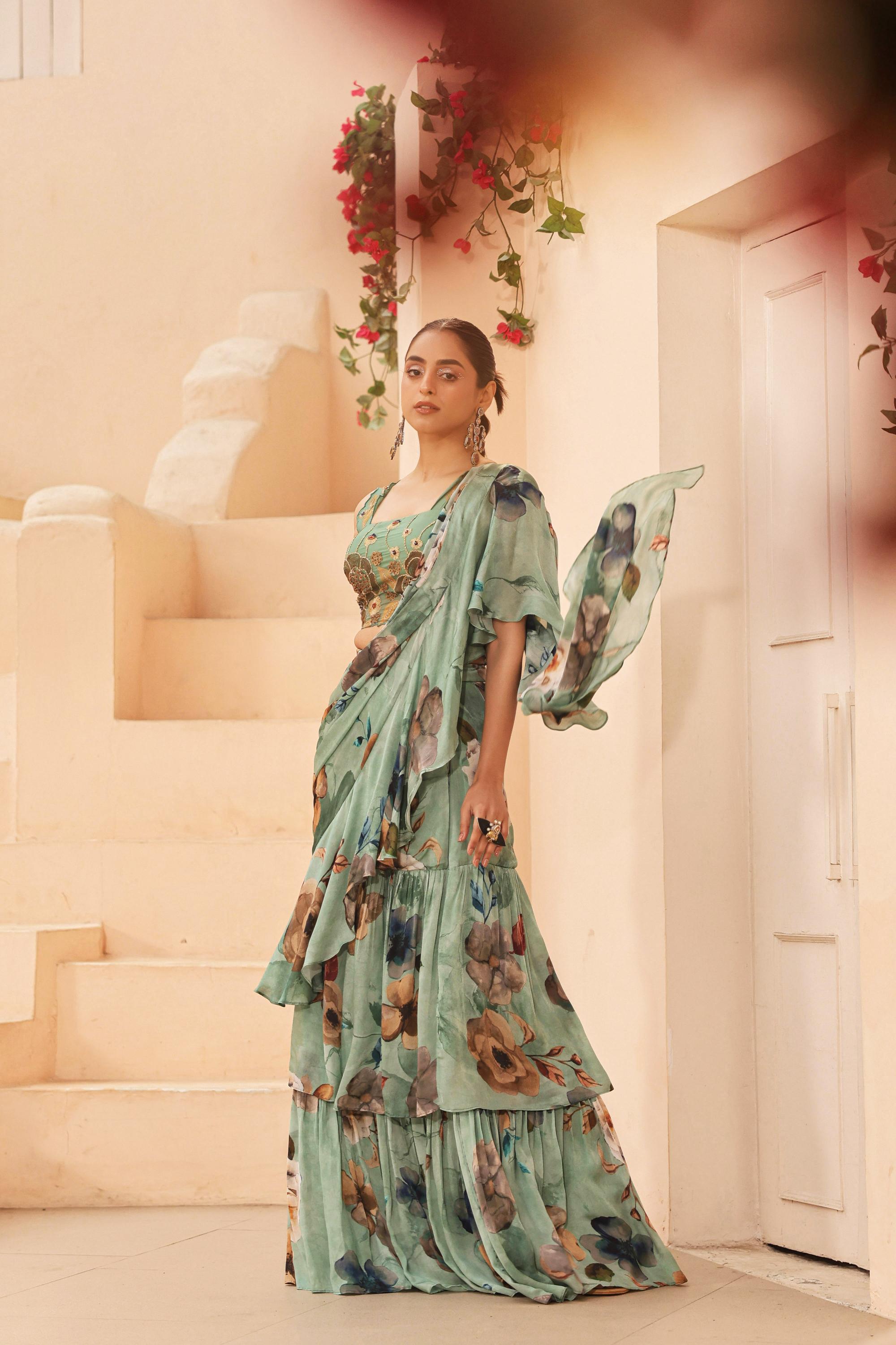 Turquoise Green Floral Printed Satin Georgette Drape Saree