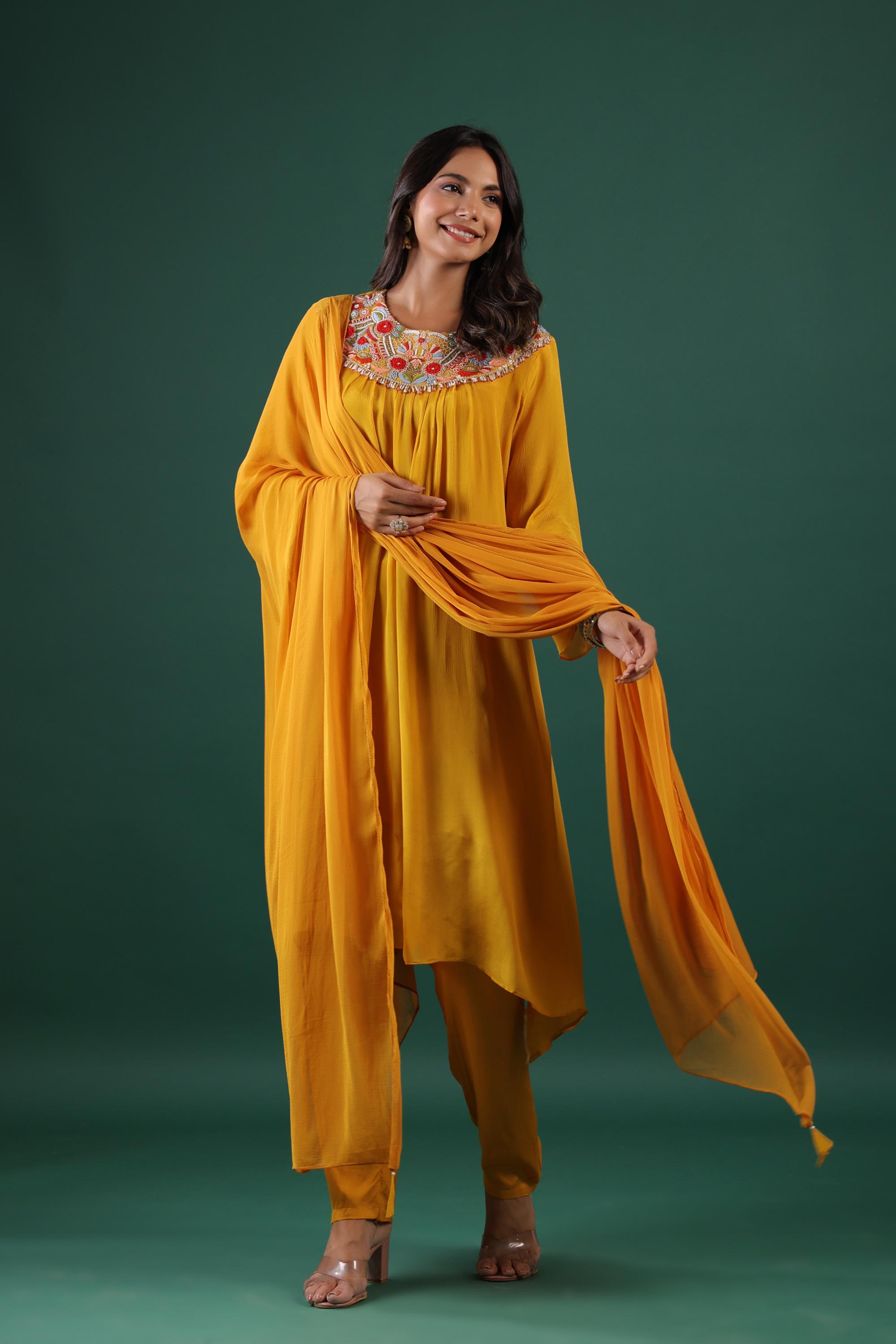 Festive Yellow Embroidered Pure Chinon Silk Pants Set