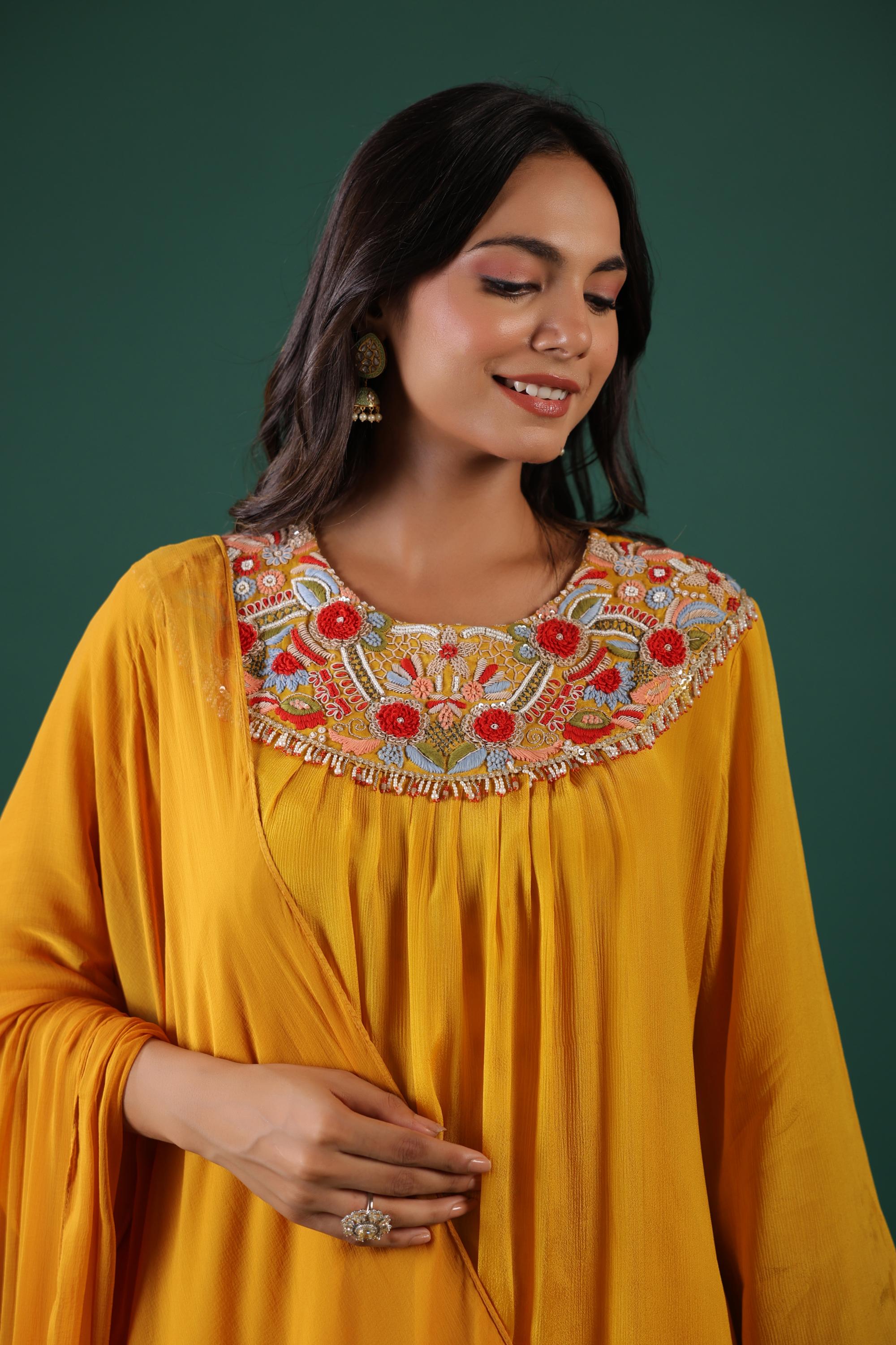 Festive Yellow Embroidered Pure Chinon Silk Pants Set