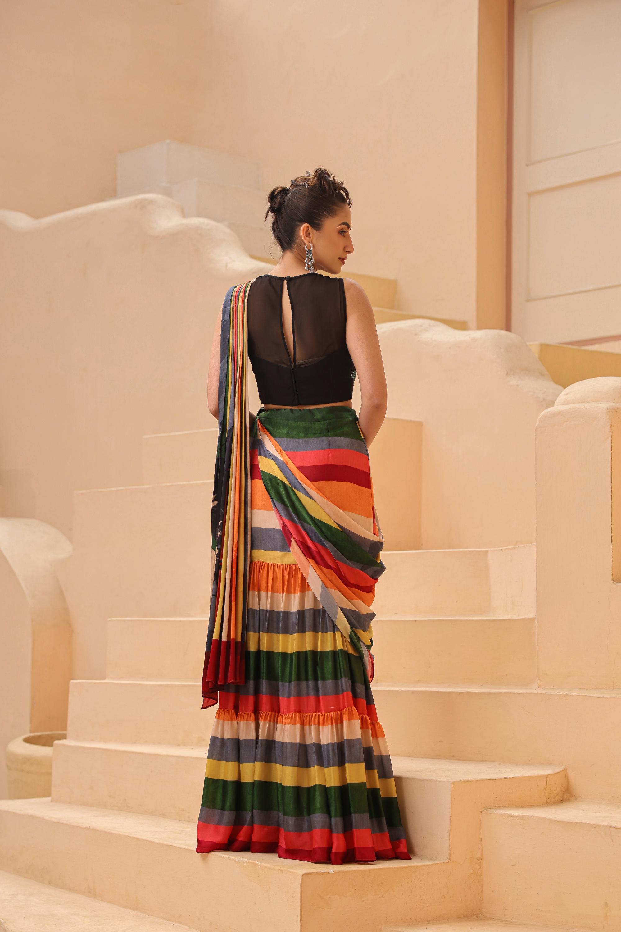Multicolor Stripes Printed Satin Georgette Silk Drape Saree