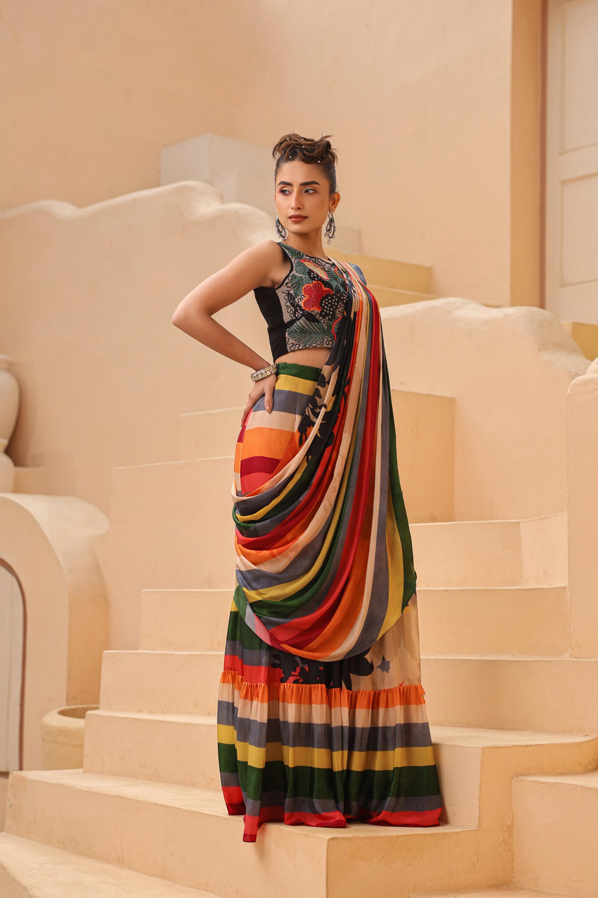 Multicolor Stripes Printed Satin Georgette Silk Drape Saree