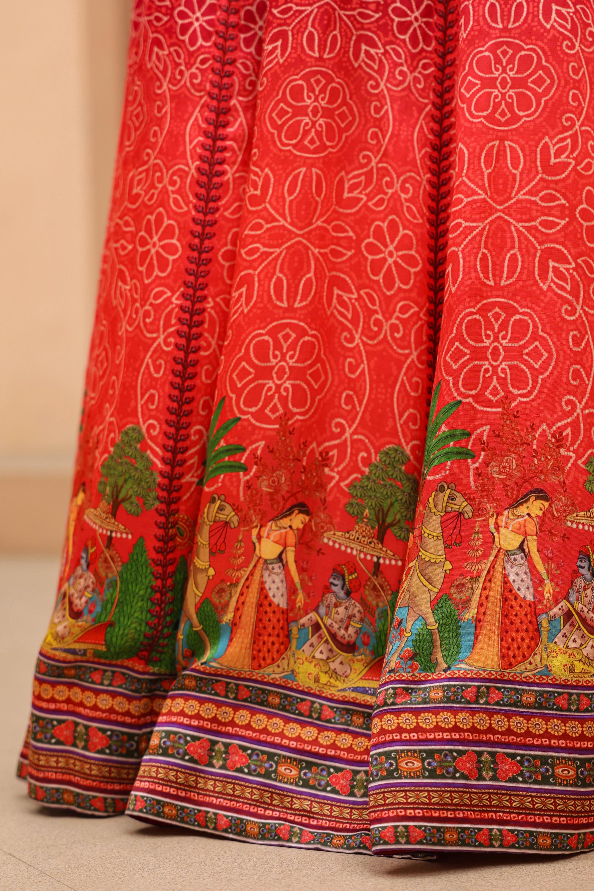 Reddish Orange Traditional Printed Raw Silk Lehenga Set
