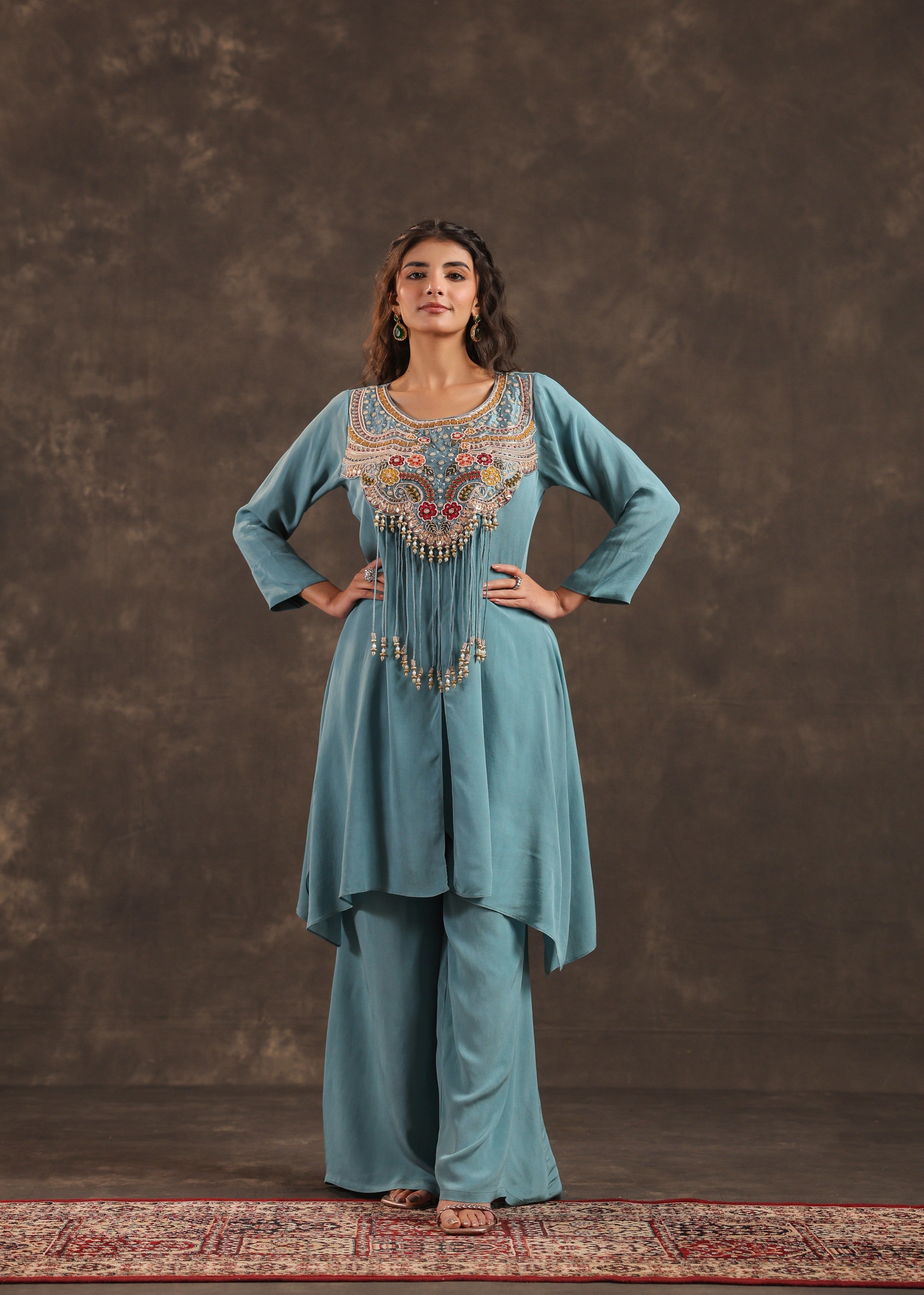 Sky Bloom Embellished Crepe Silk Palazzo Set
