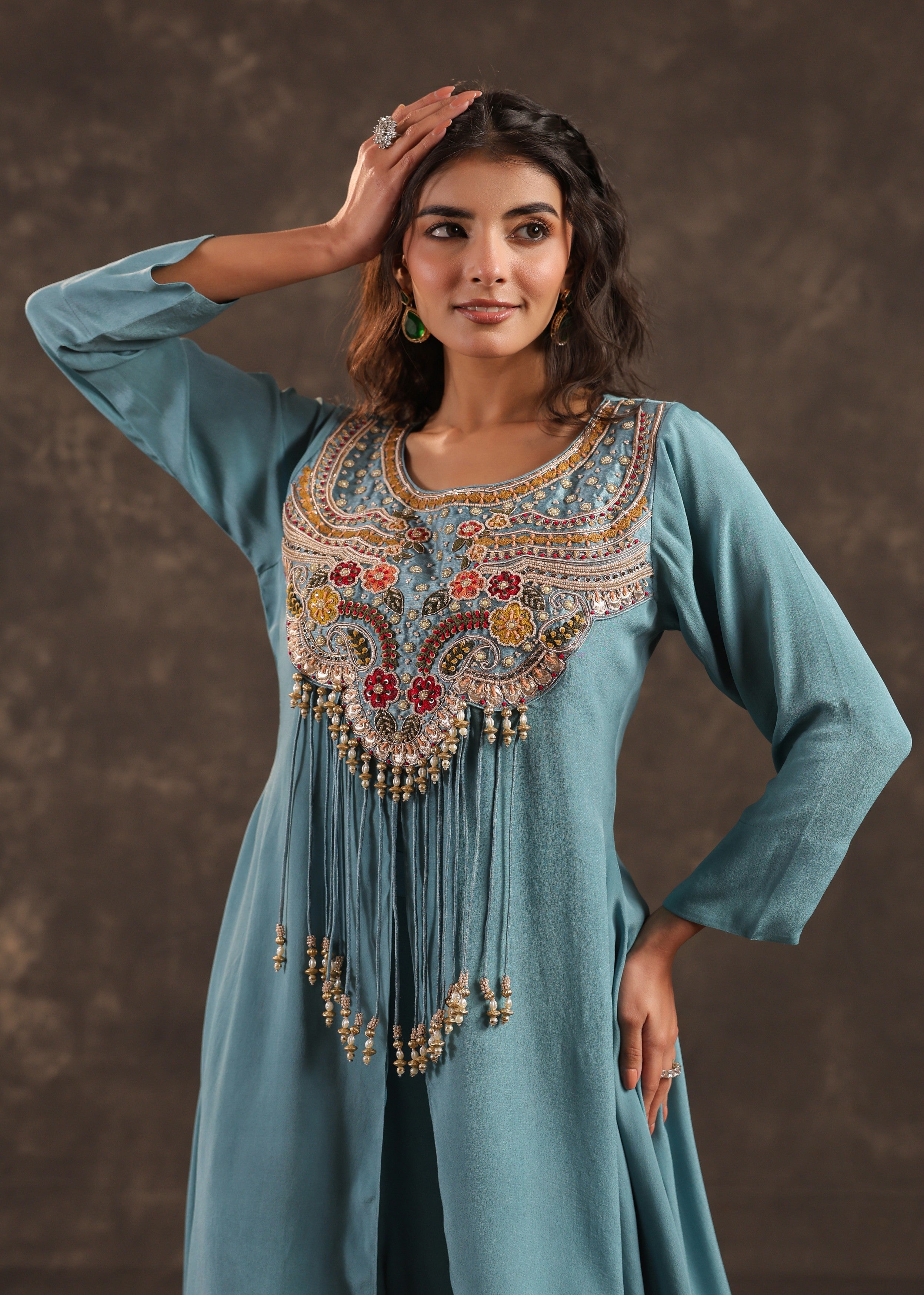 Sky Bloom Embellished Crepe Silk Palazzo Set