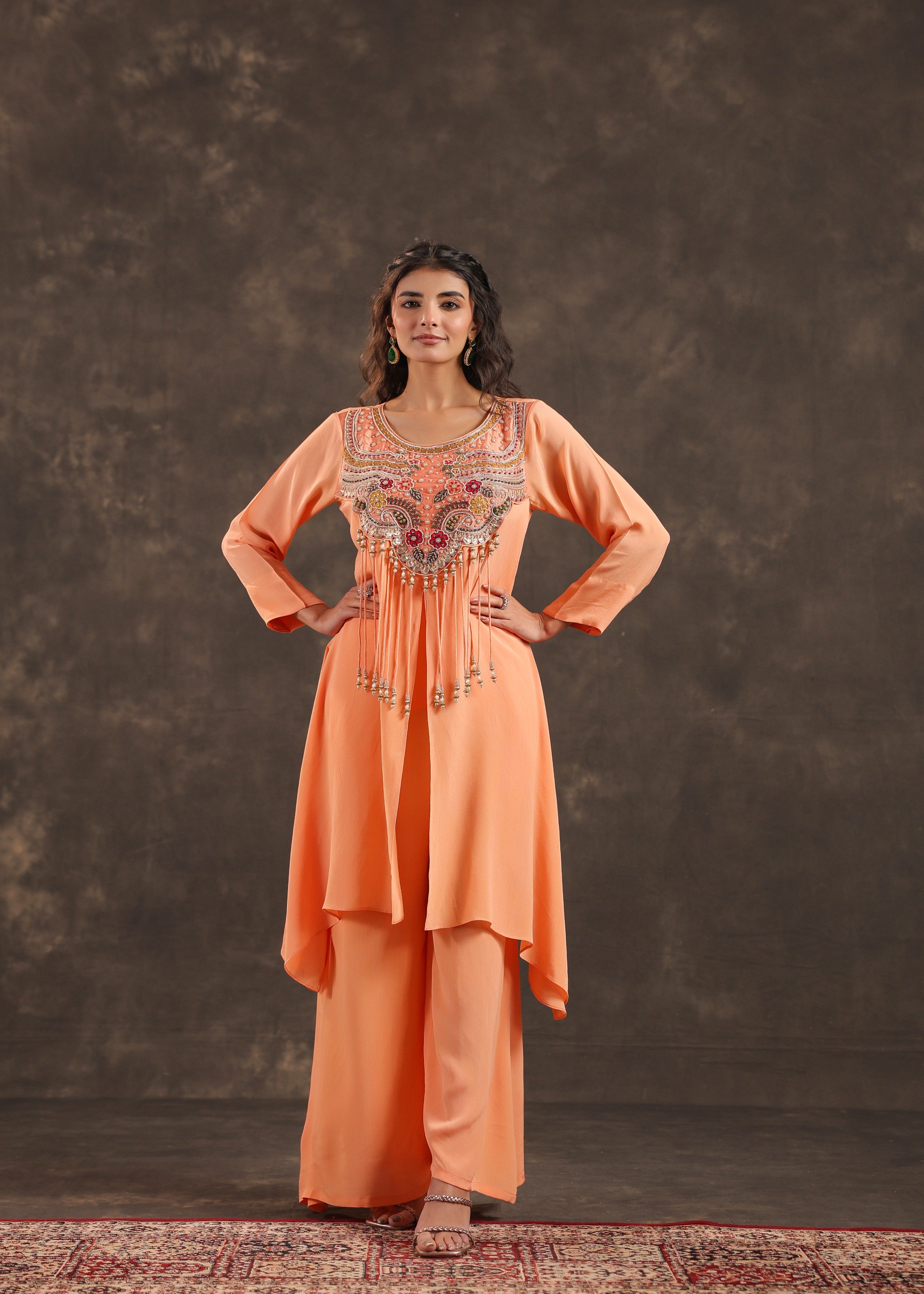 Coral Bloom Embellished Crepe Silk Palazzo Set