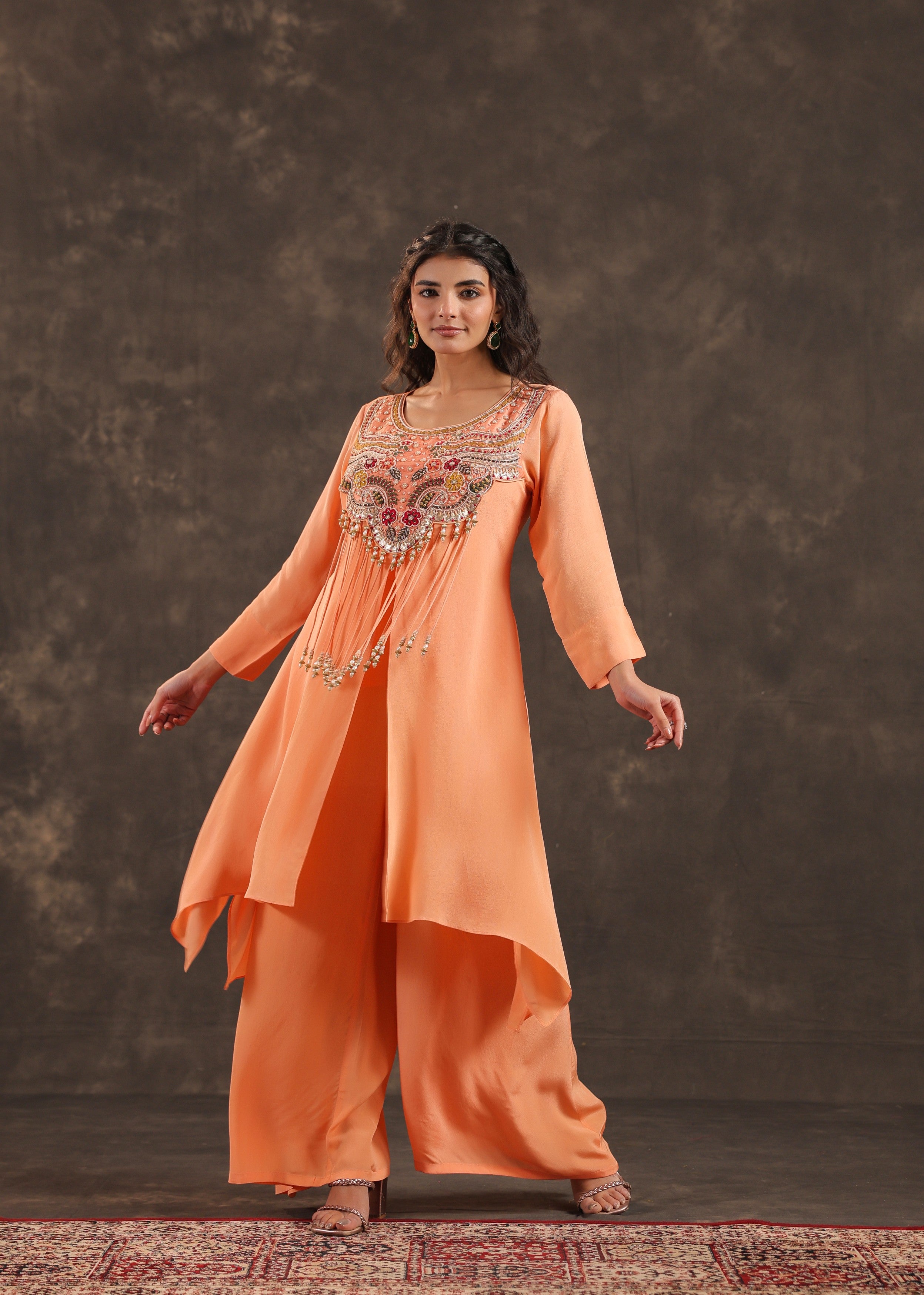 Coral Bloom Embellished Crepe Silk Palazzo Set