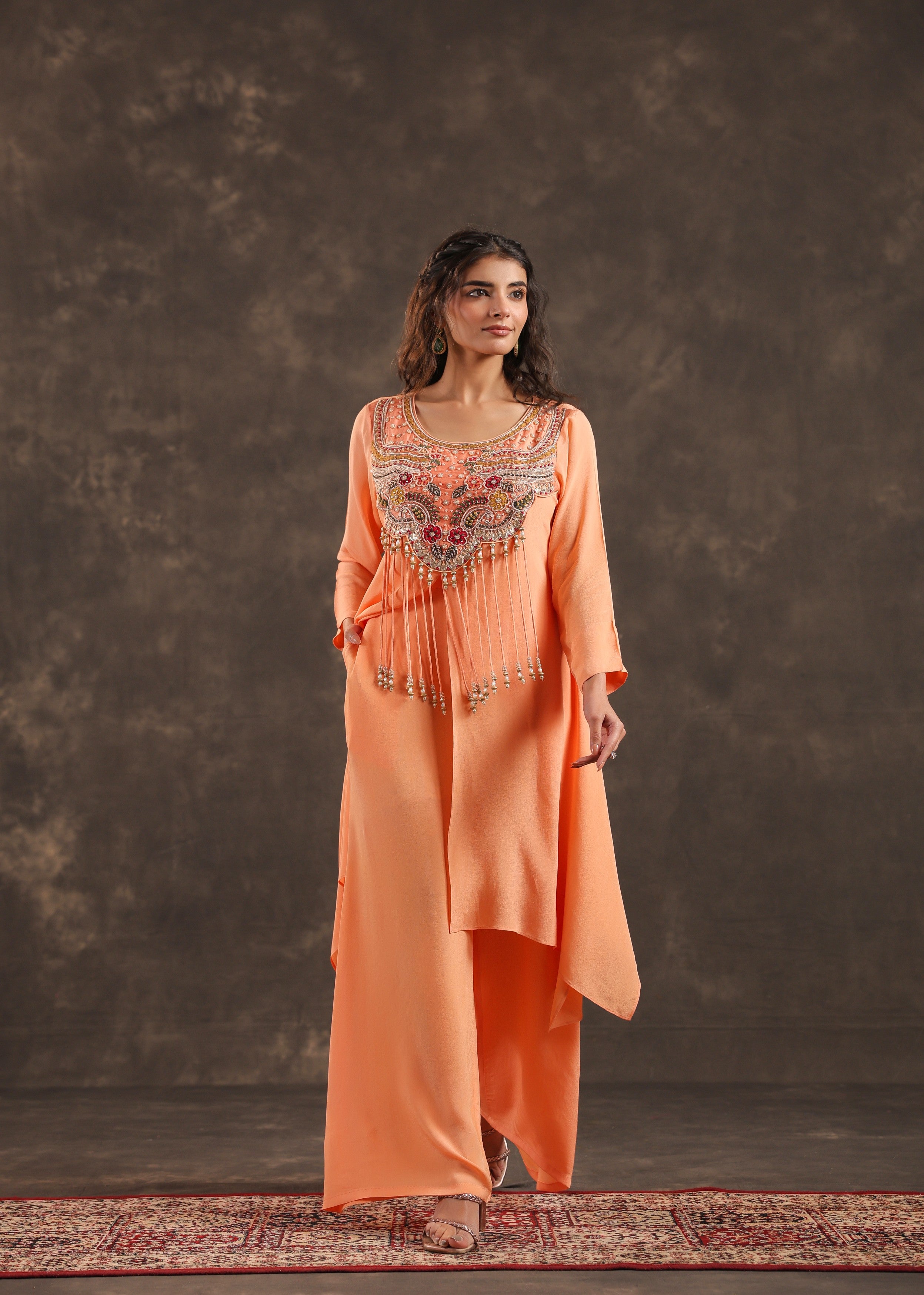 Coral Bloom Embellished Crepe Silk Palazzo Set