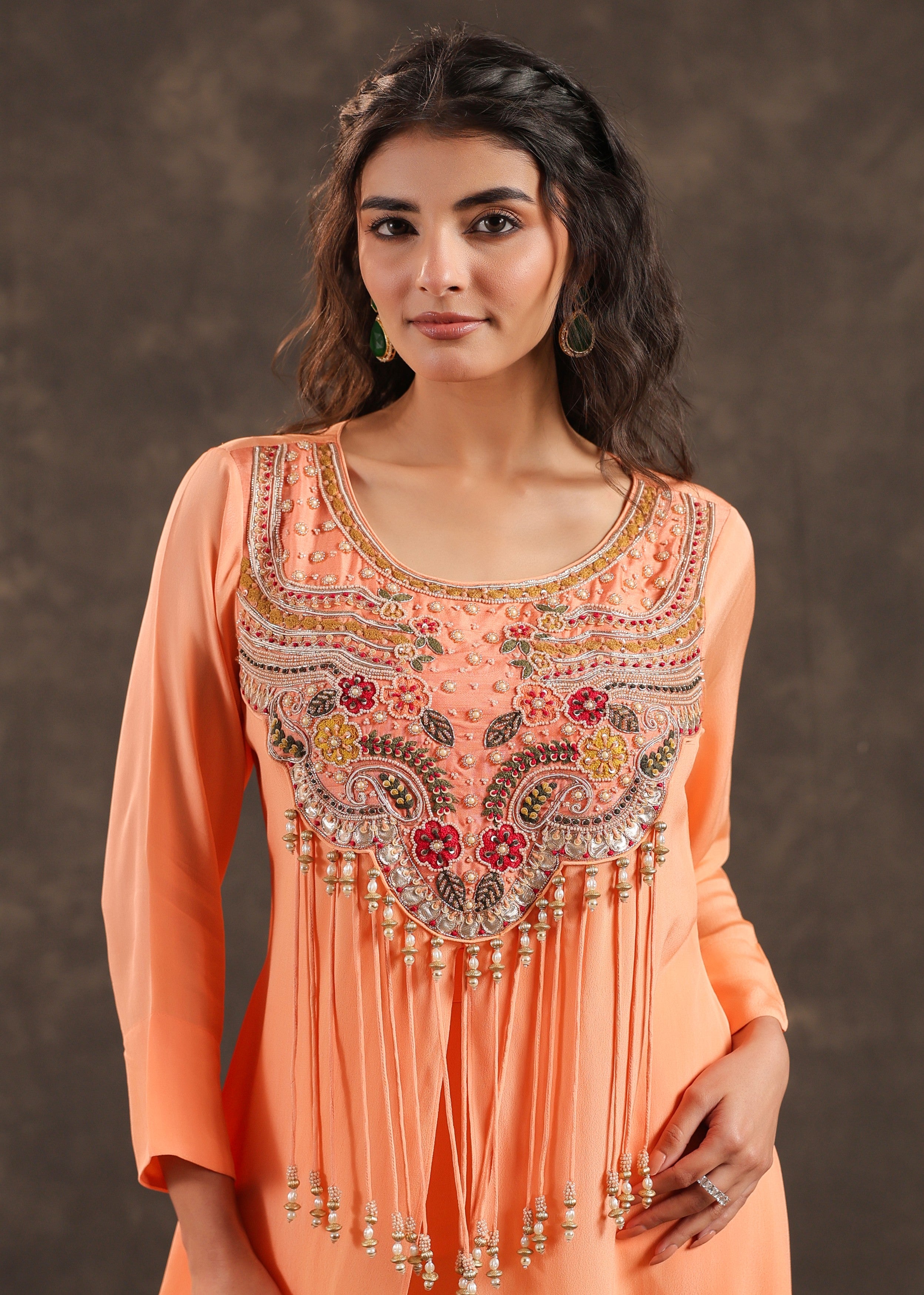 Coral Bloom Embellished Crepe Silk Palazzo Set
