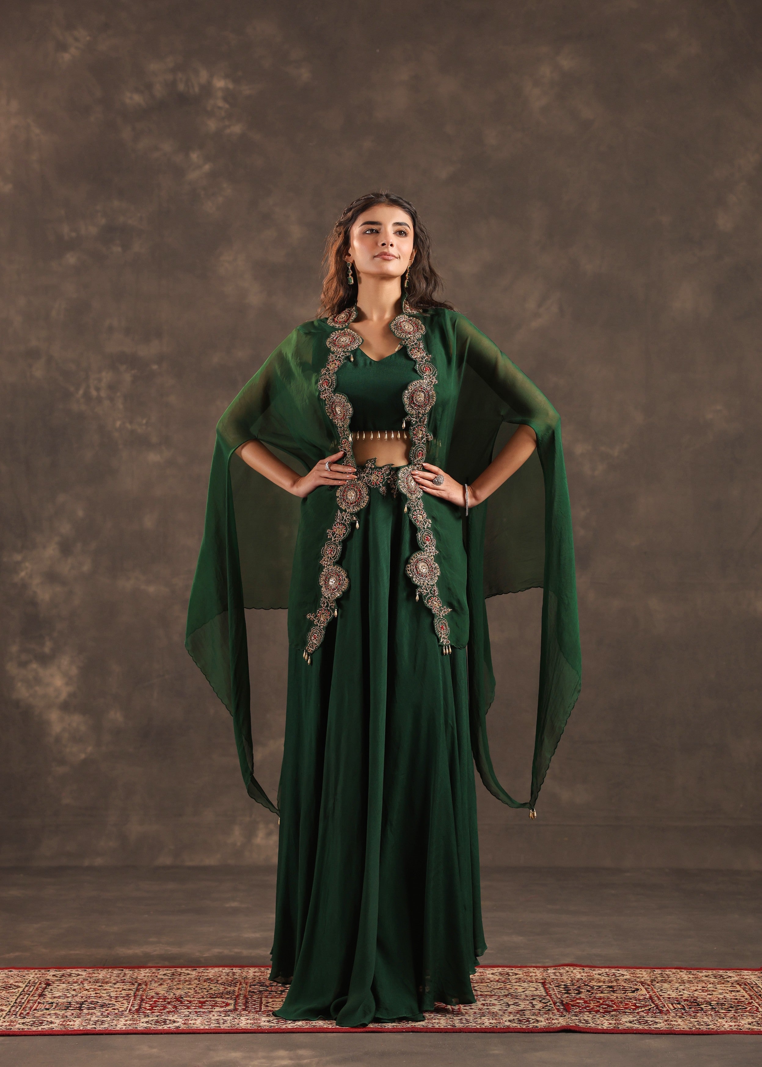 Emerald Flare Embellished Crepe Silk Cape Set