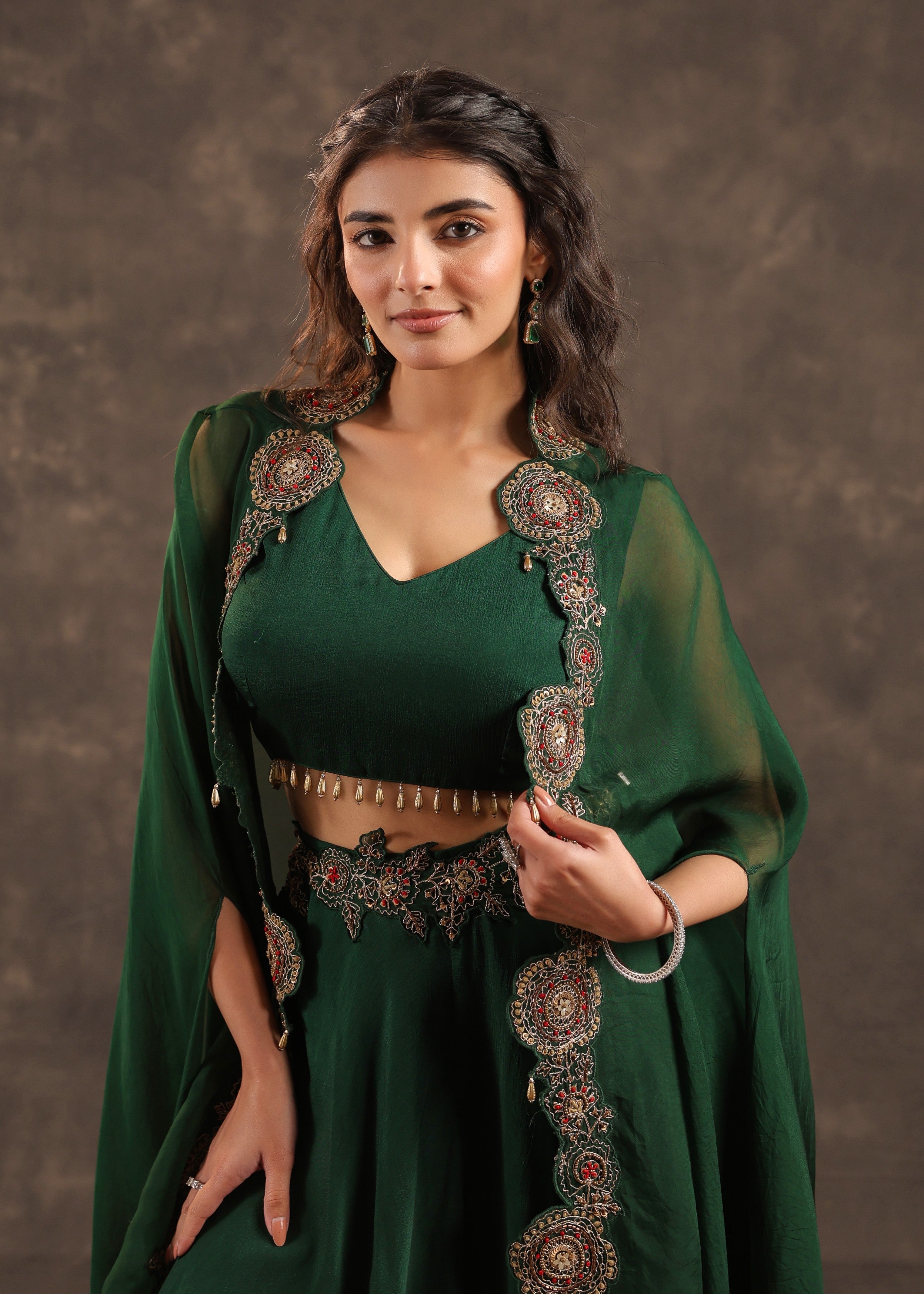 Emerald Flare Embellished Crepe Silk Cape Set