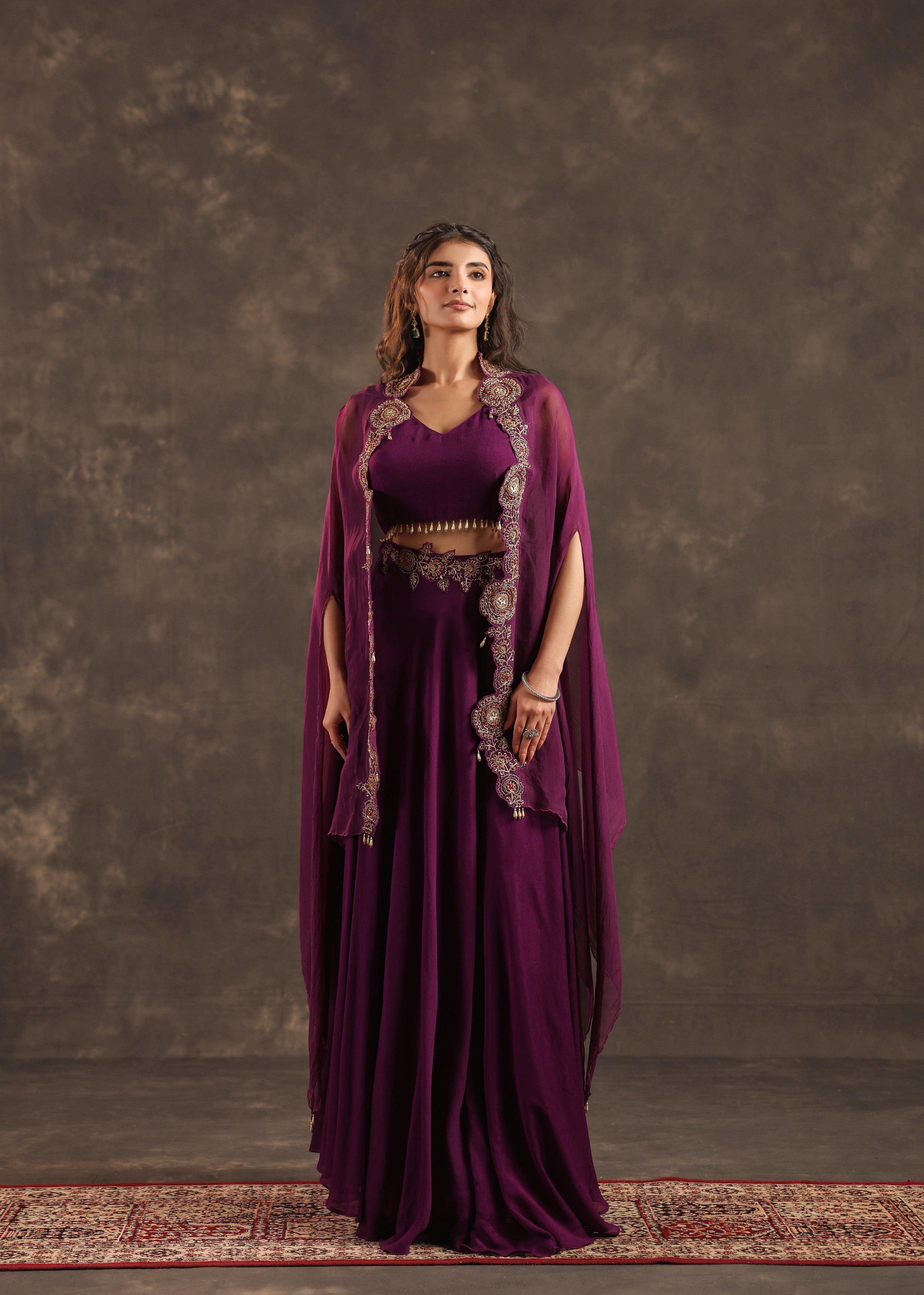 Plum Flare Embellished Crepe Silk Cape Set